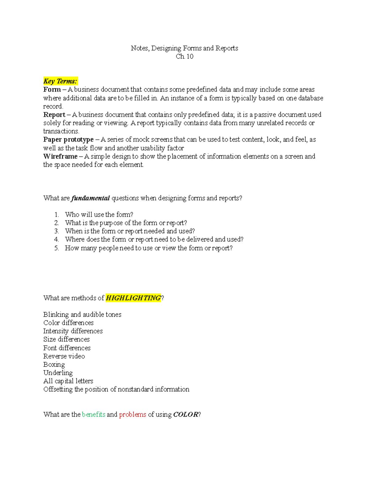 Notes, ch 10 - Notes, Designing Forms and Reports Ch. Key Terms: Form ...