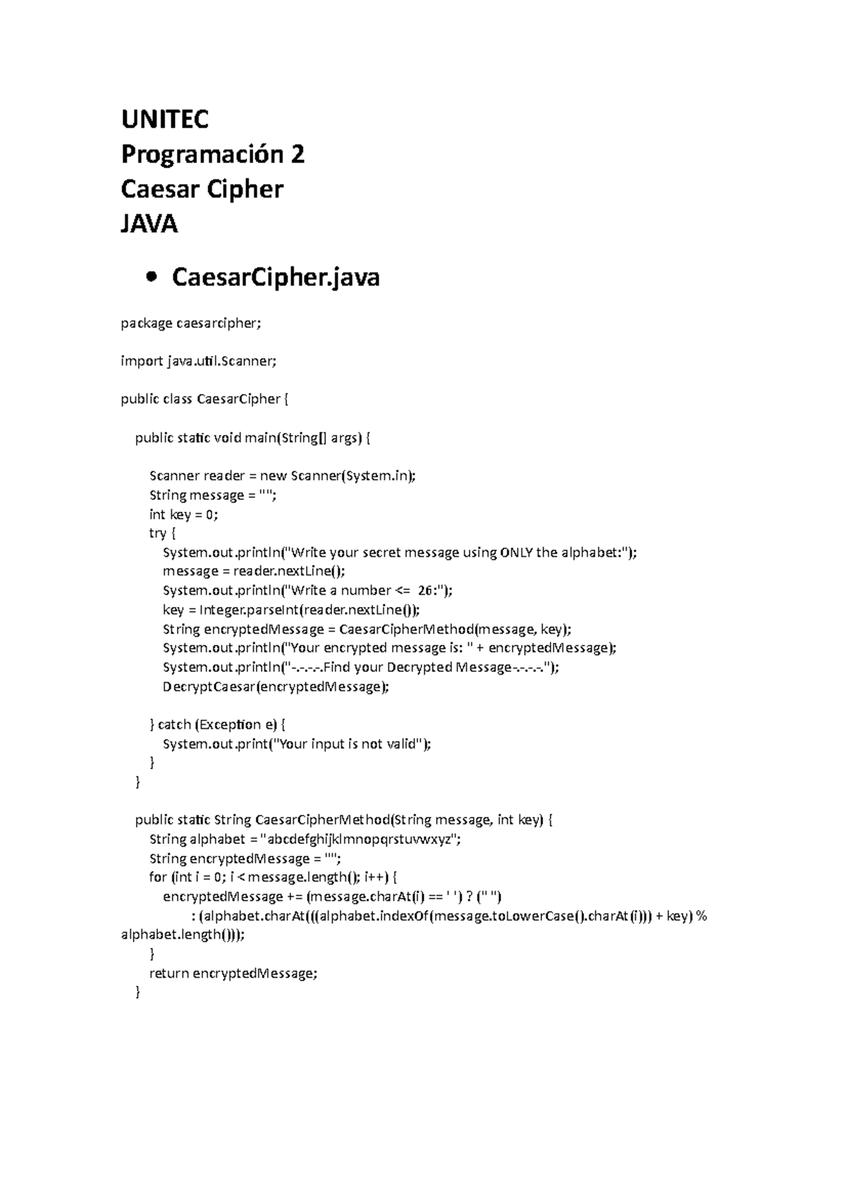 Programacion 2 Caesar Cipher Java - UNITEC Programación 2 Caesar Cipher ...