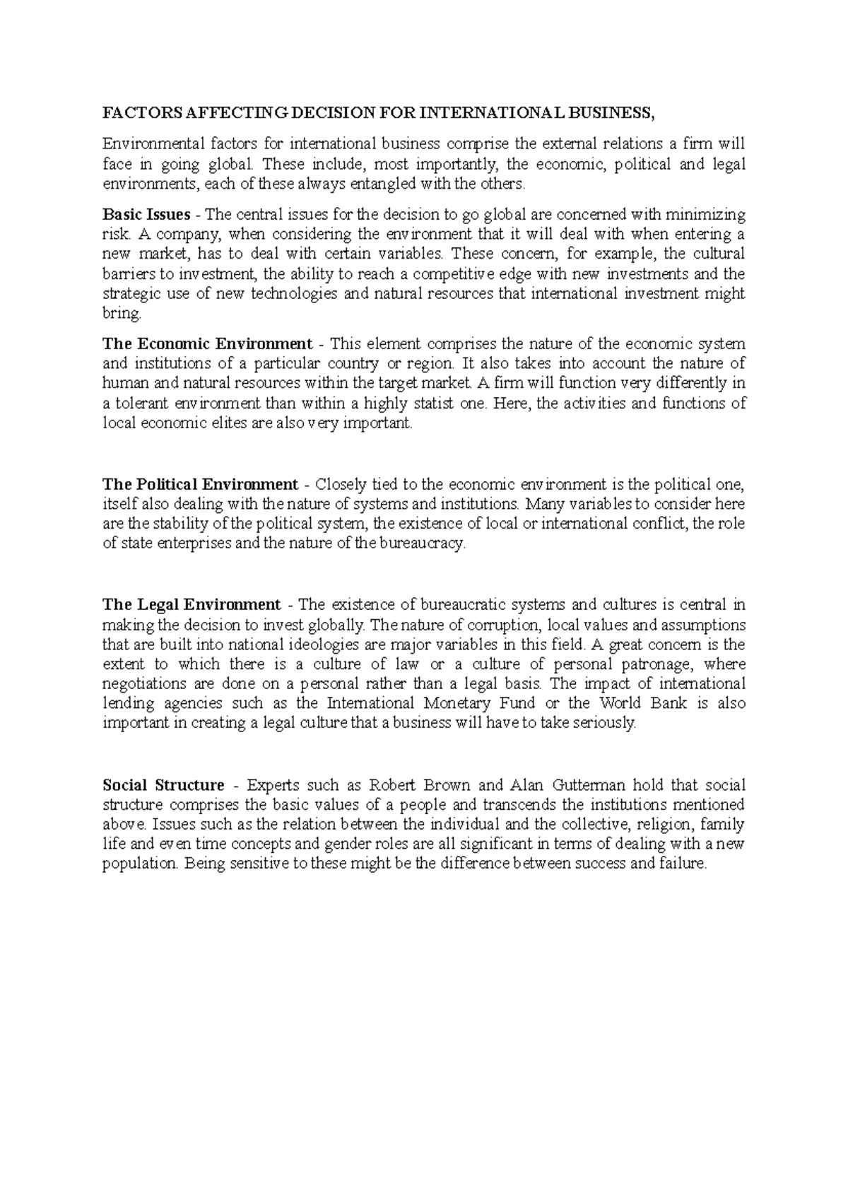 Factors Affecting Decision FOR International Business - KSLU - Studocu