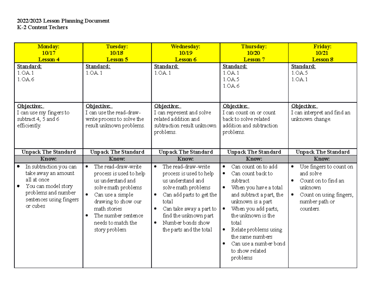 1st LP Week of 10-17 - Math Lesson Plans - K-2 Content Techers Monday ...