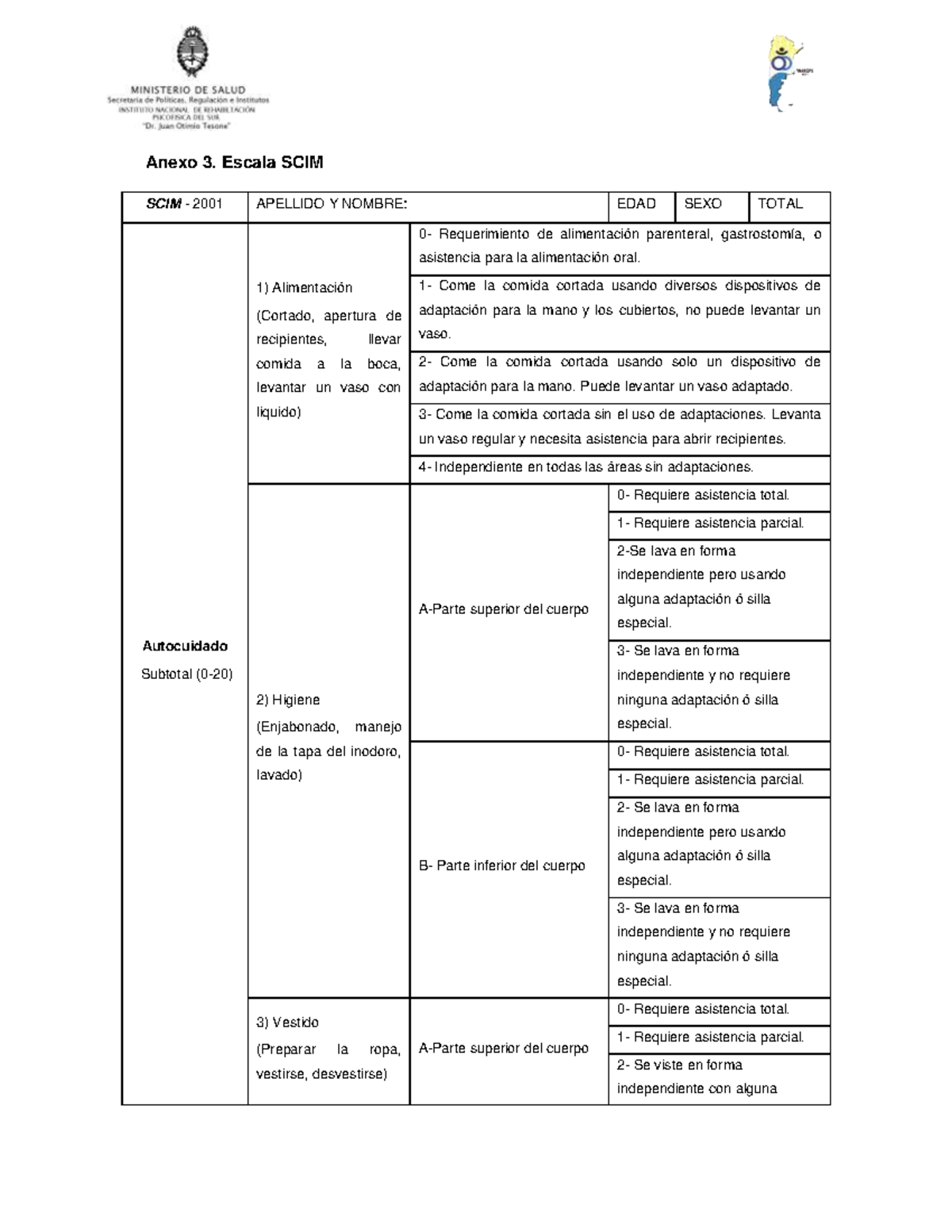 Escala SCIM - Anexo 3. Escala SCIM SCIM - 2001 APELLIDO Y NOMBRE: EDAD ...