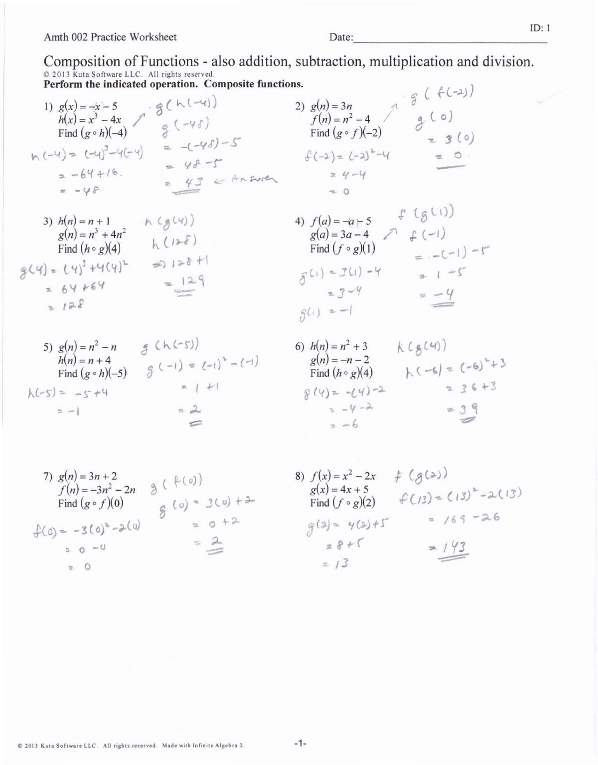 Composition of Functions Answers - ID: 21 Amth 21 Practice Regarding Function Operations And Composition Worksheet