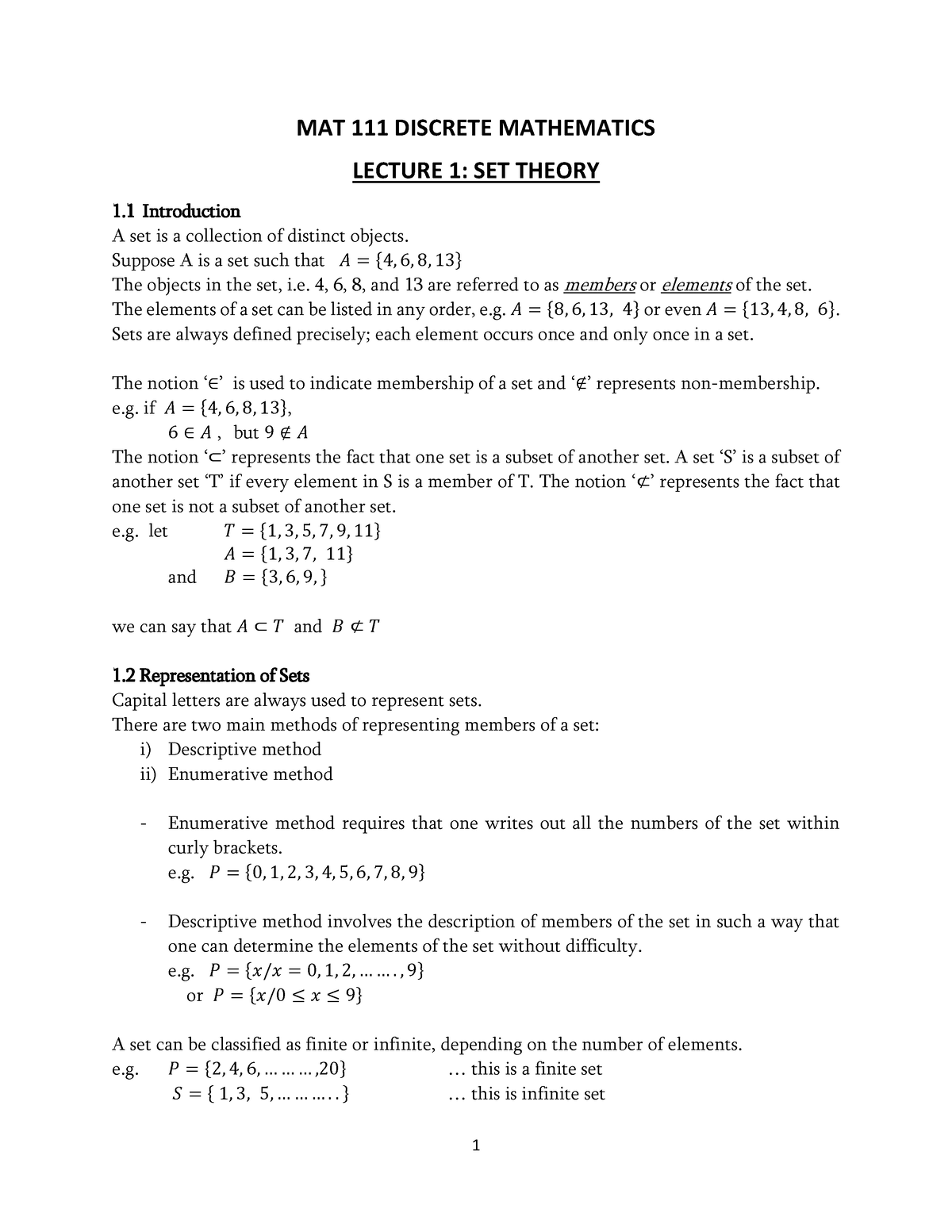 MAT 111 Lecture 1 - MAT 111 DISCRETE MATHEMATICS LECTURE 1: SET THEORY ...