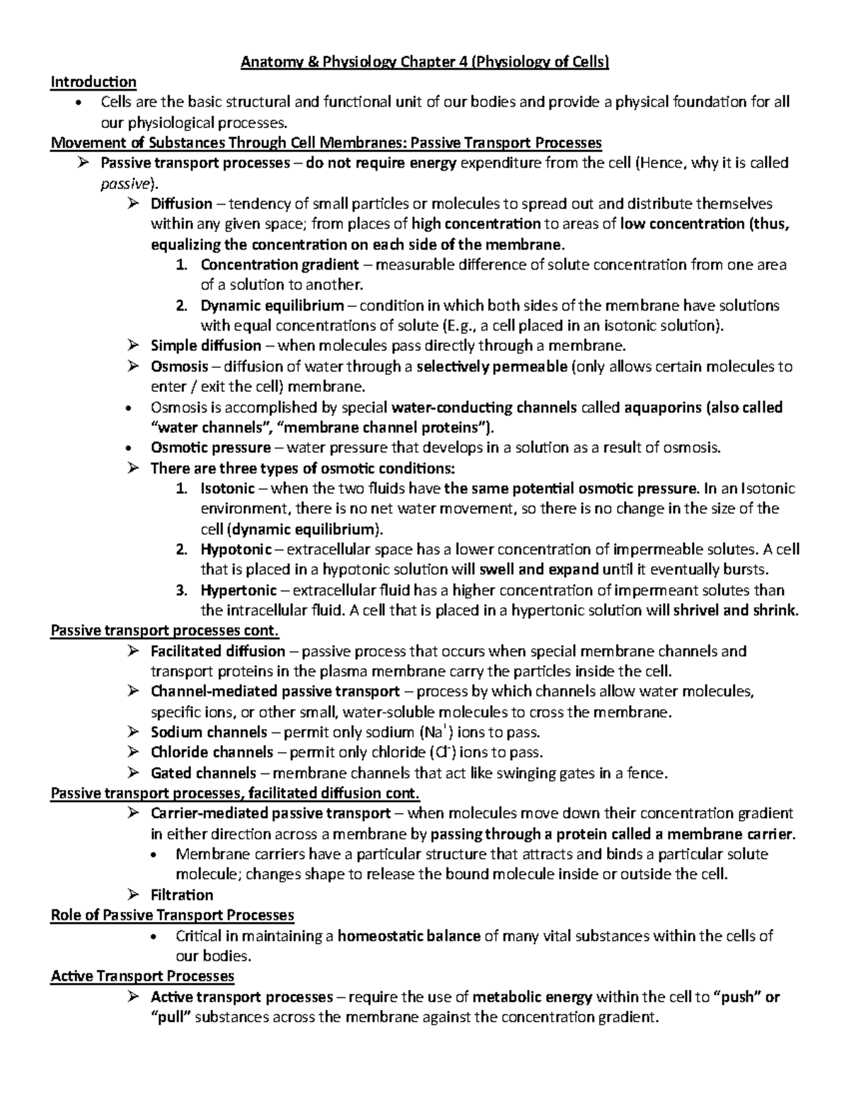 Anatomy Chapter 4- Cell Functions Lecture Notes - Anatomy & Physiology ...