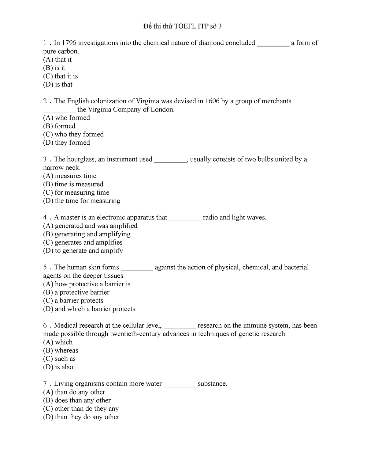 Đề thi thử Toefl ITP số 3 - Đề thi thử TOEFL ITP số 3 1 ．In 1796 ...