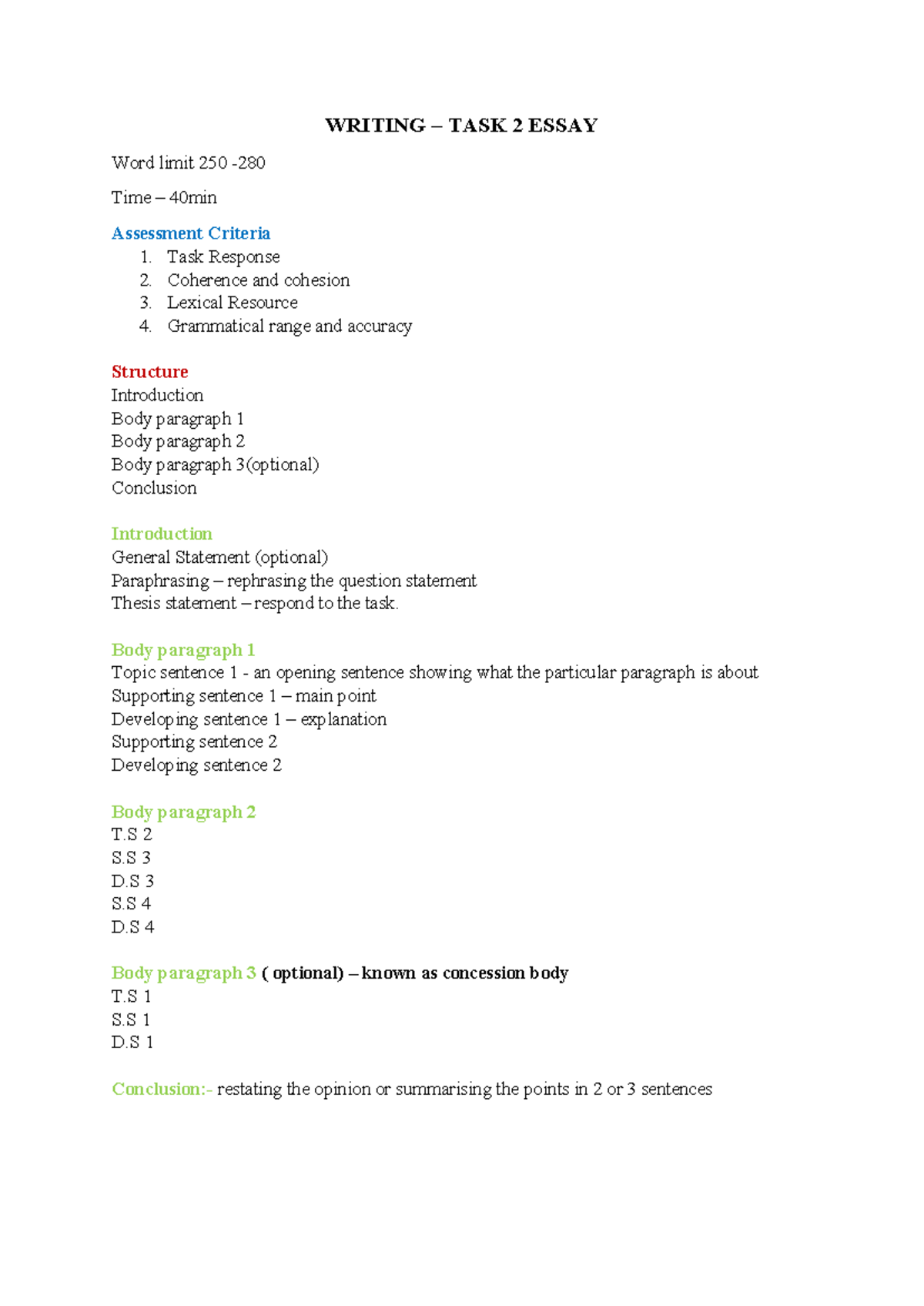 IELTS summary notes - WRITING – TASK 2 ESSAY Word limit 250 - Time ...