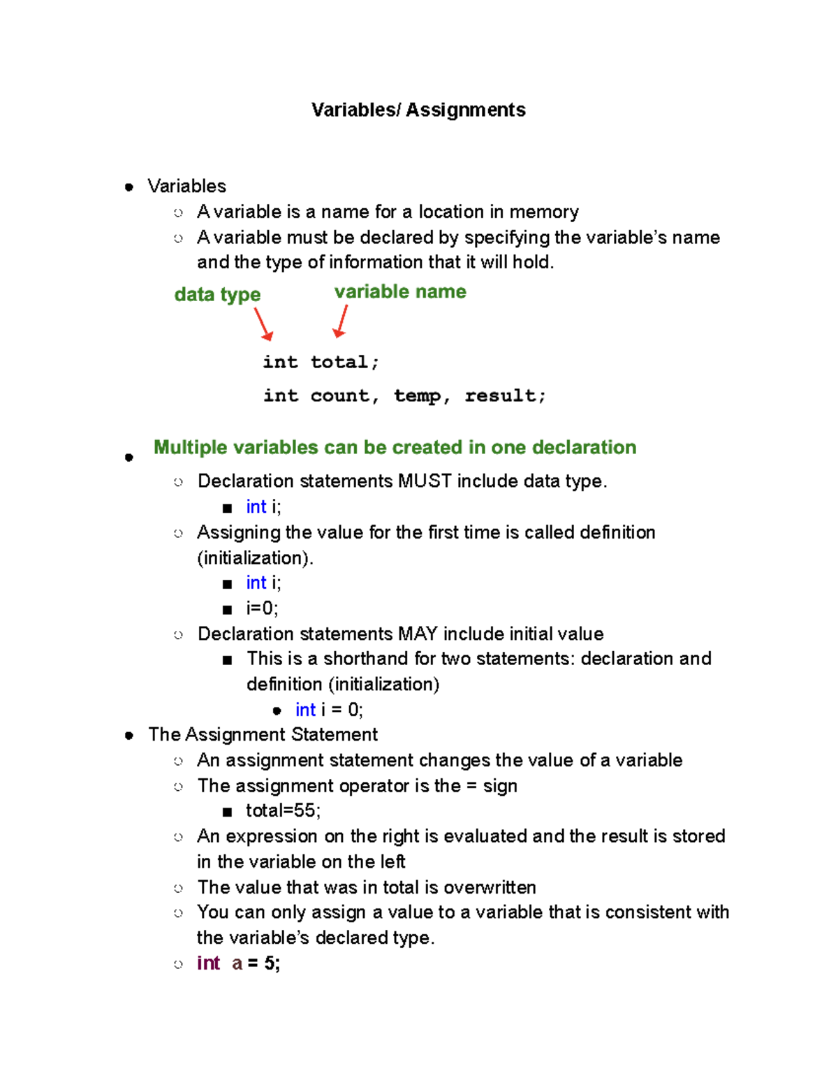 assignments vs variables