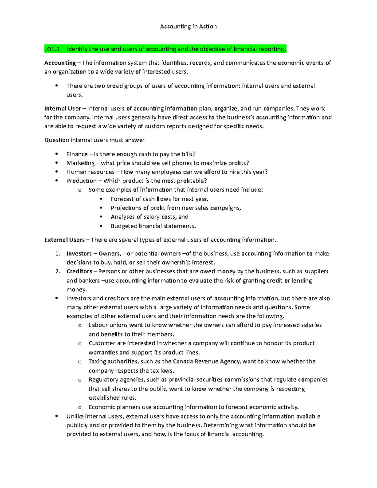 ACC120 Chapter 1 Notes - LO1 Identify The Use And Users Of Accounting ...