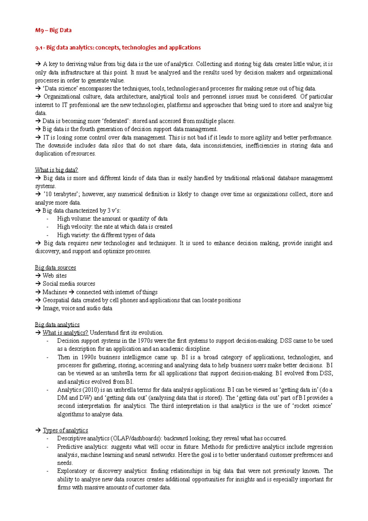 Meeting 9 - Big Data - Summary Tutorial 9 - M9 Big Data 9 Big data