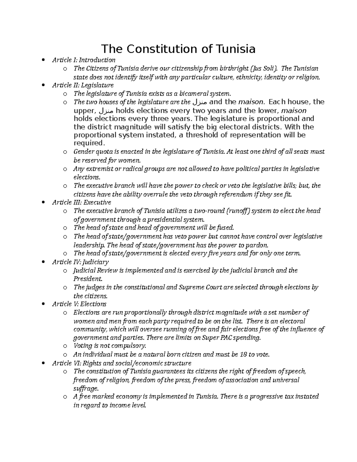 The Constitution of Tunisia The Constitution of Tunisia Article I