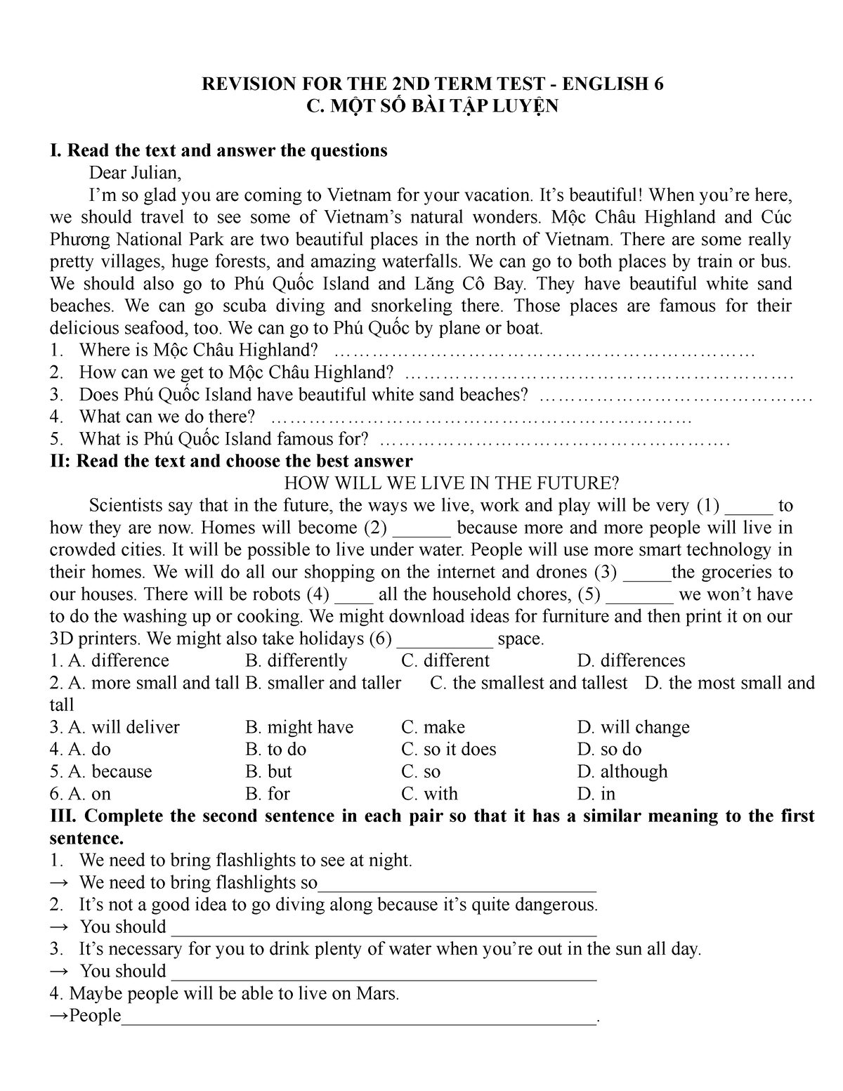 Eng6 - English Test For Practicing - REVISION FOR THE 2ND TERM TEST ...