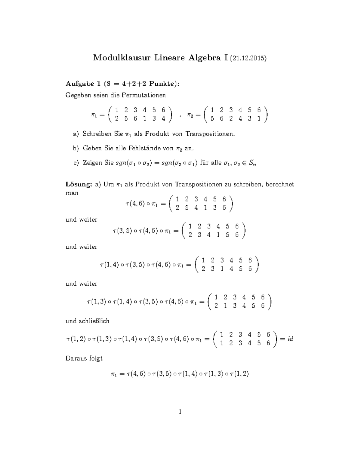 Lösungen Klausur 2015 - Teil 1 - Modulklausur Lineare Algebra I(21.12 ...
