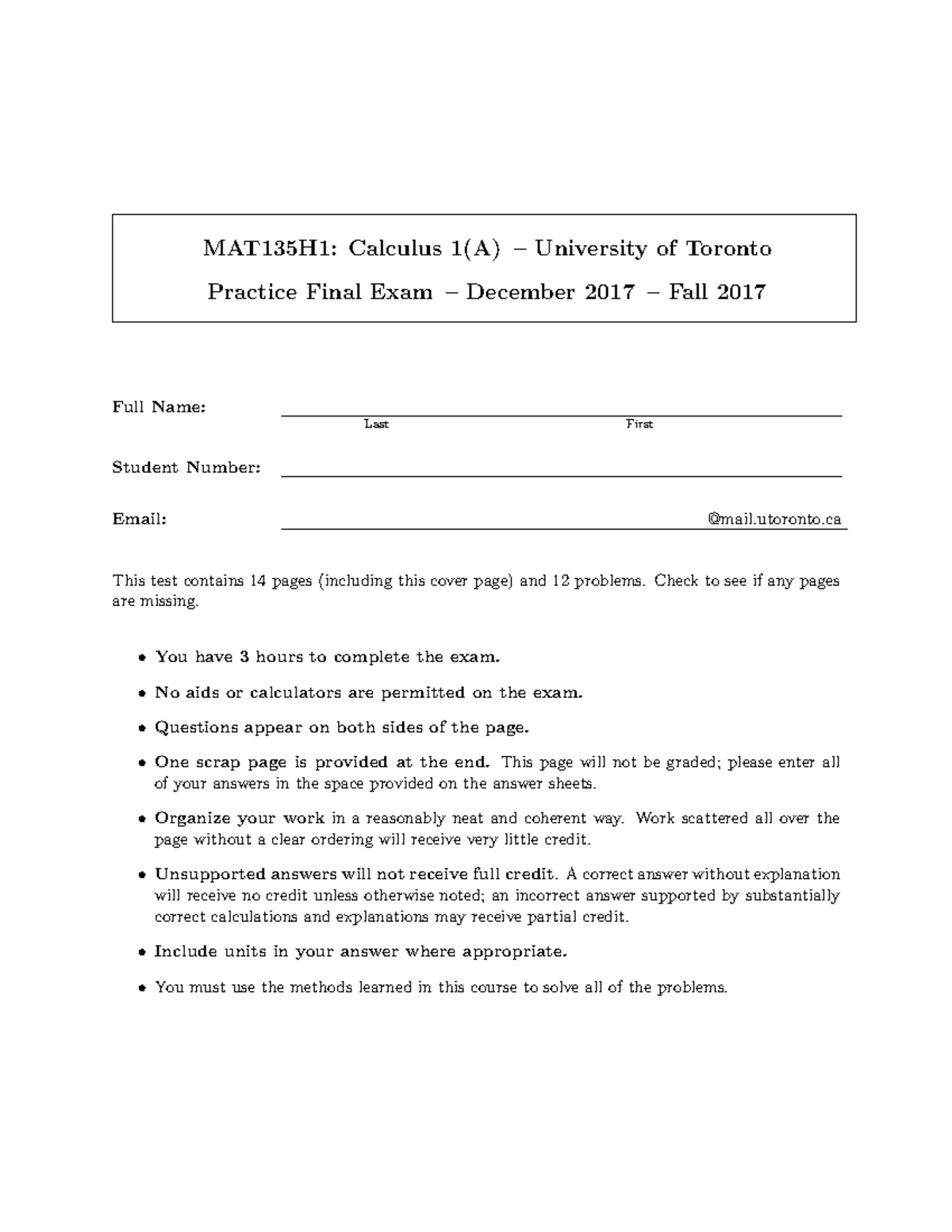Practice Final Exam 135 Fall 2017 1 - MAT135H1: Calculus 1(A ...