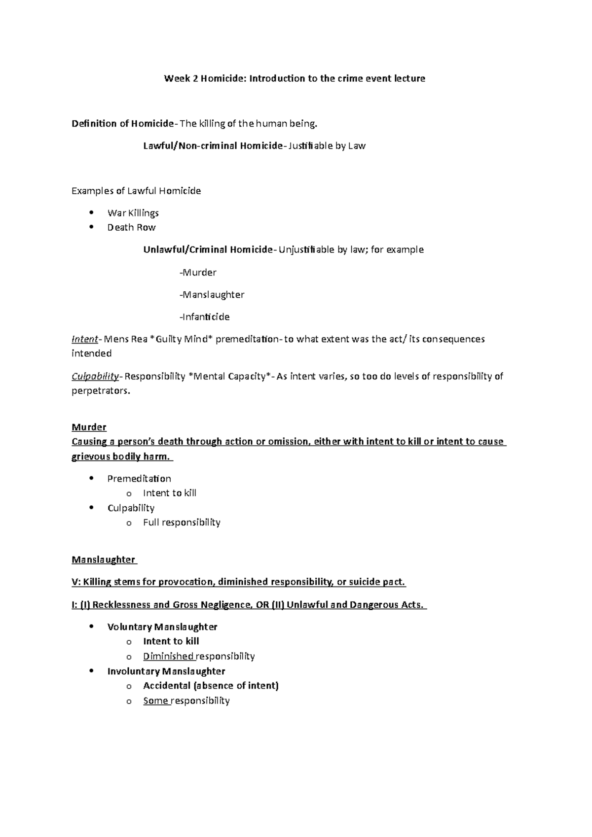 Week 2 Homicide Introduction to the crime event lecture - Lawful/Non ...
