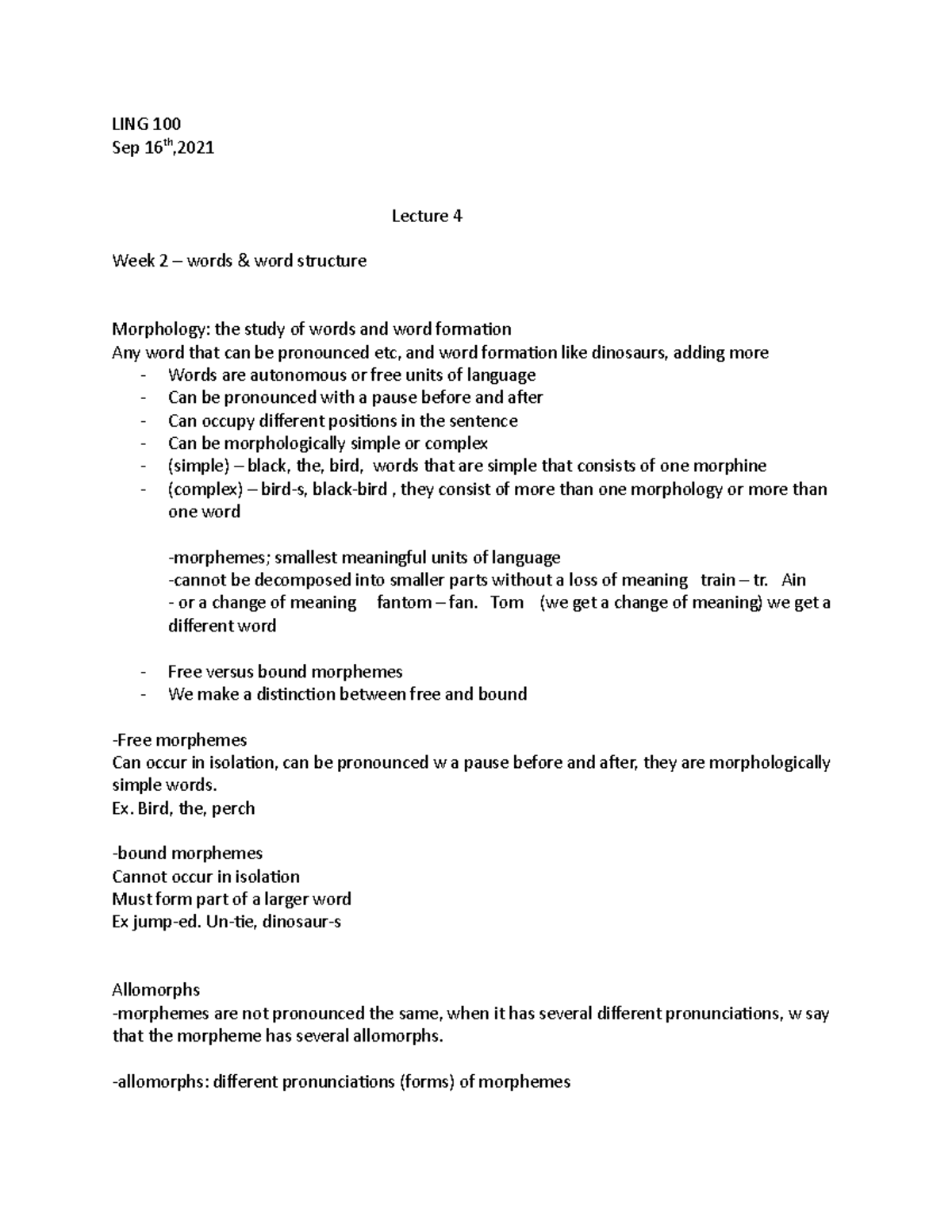 Week 2 lec 2 - LING 100 - week 1 lecture 2, notes - LING 100 Sep 16th ...