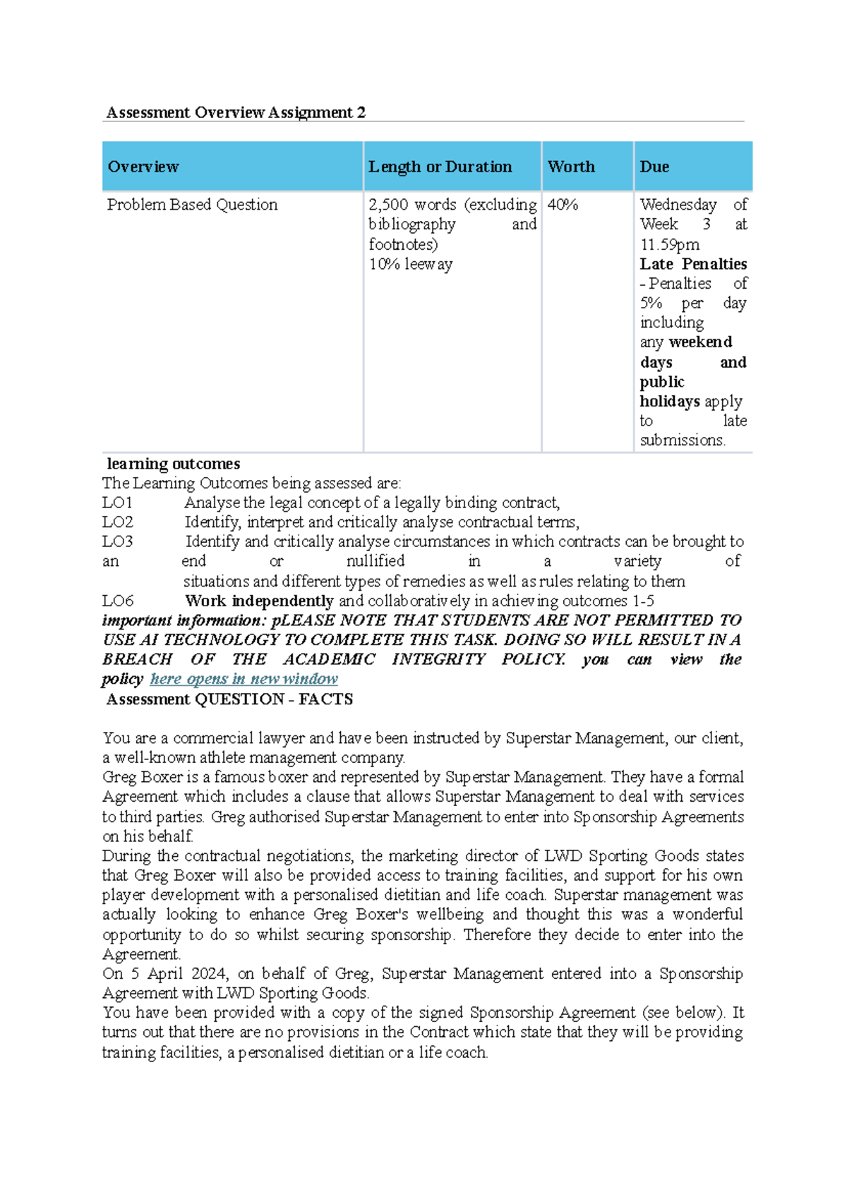 Assessment Overview Assignment 2 - learning outcomes The Learning ...