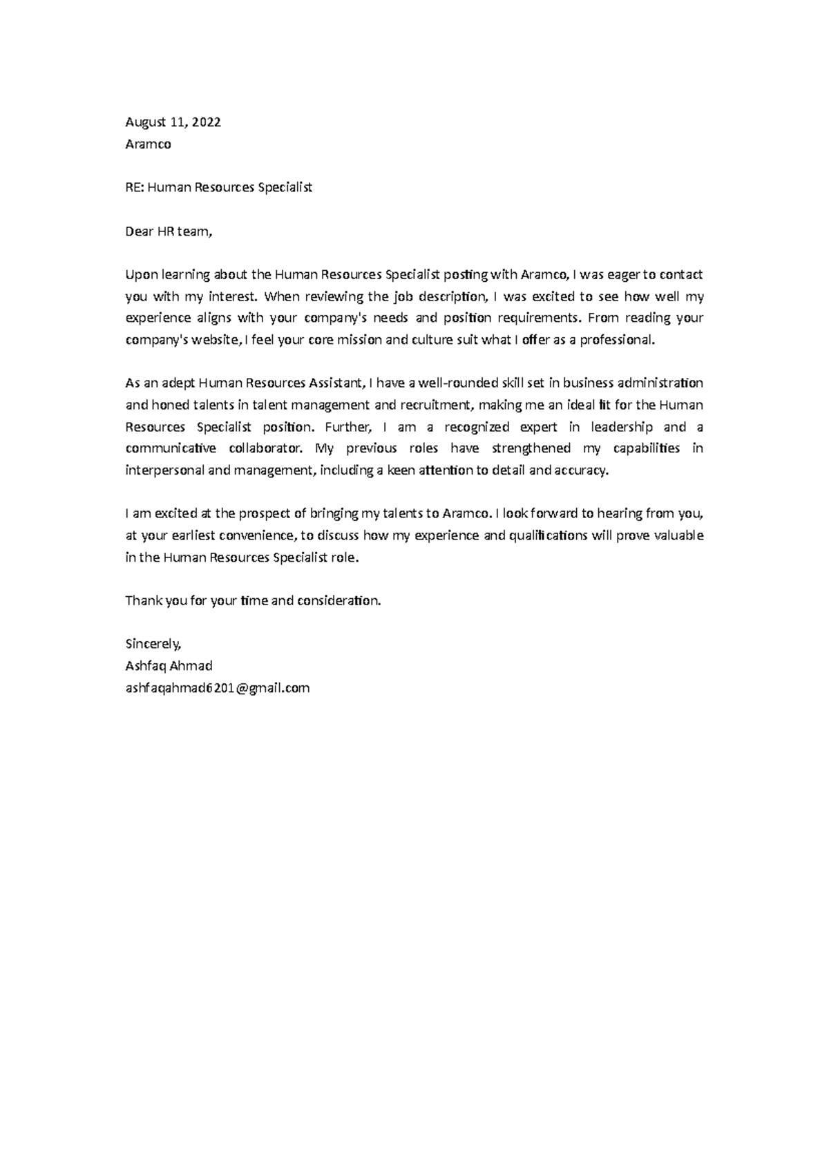 Cover letter CV - August 11, 2022 Aramco RE: Human Resources Specialist ...