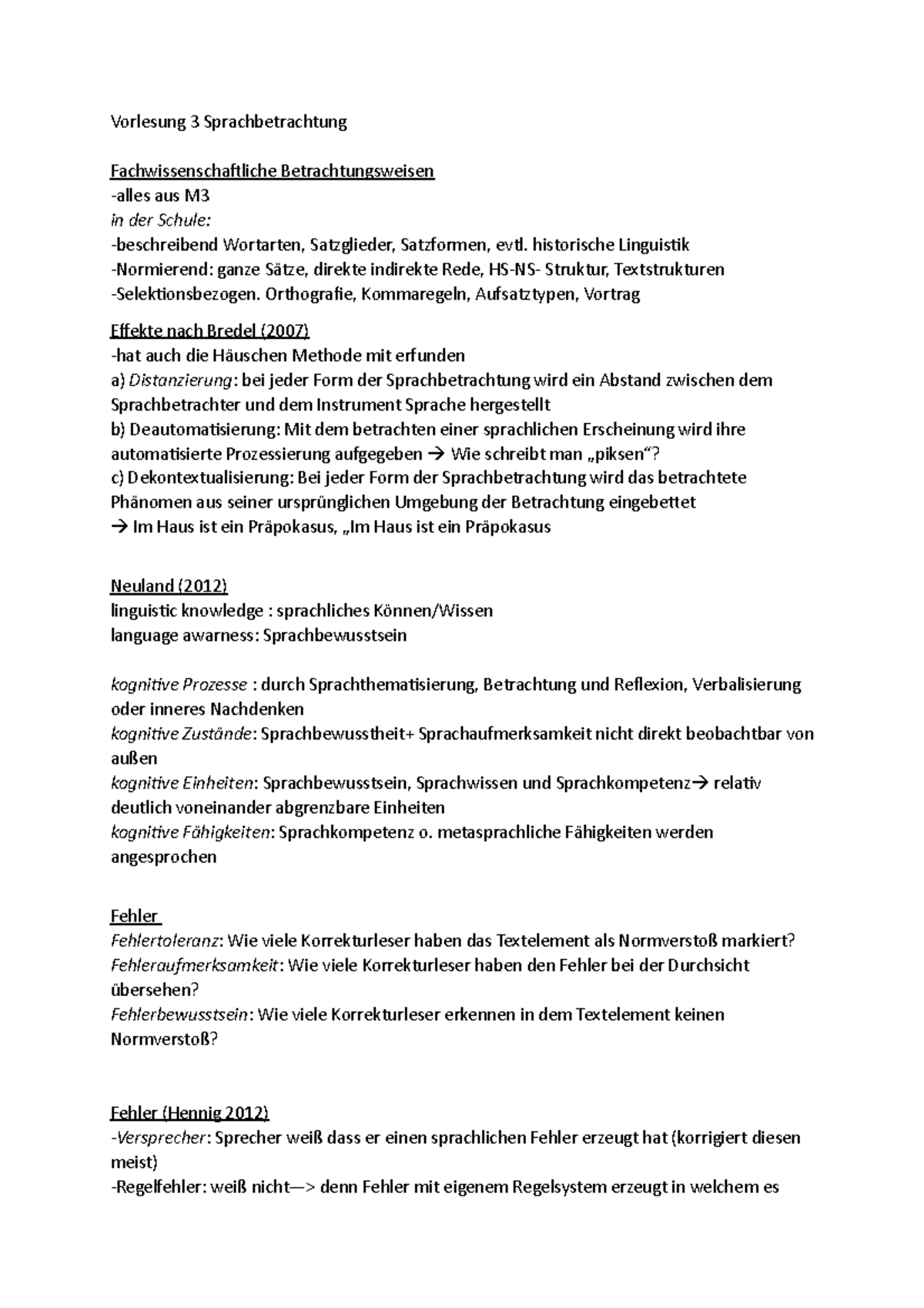 3. Vorlesung Zusammenfassung - Vorlesung 3 Sprachbetrachtung ...