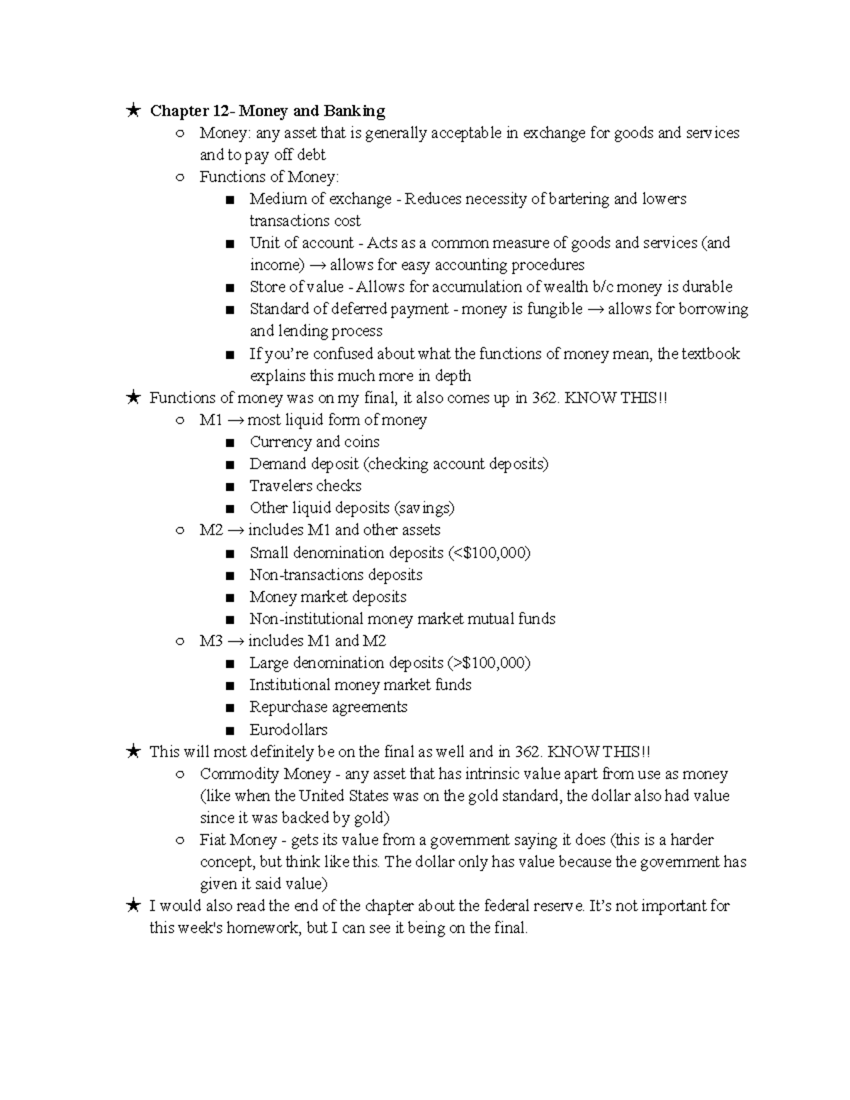 Chapter 12-14 Notes - Econ 162 - ★ Chapter 12- Money And Banking Money ...