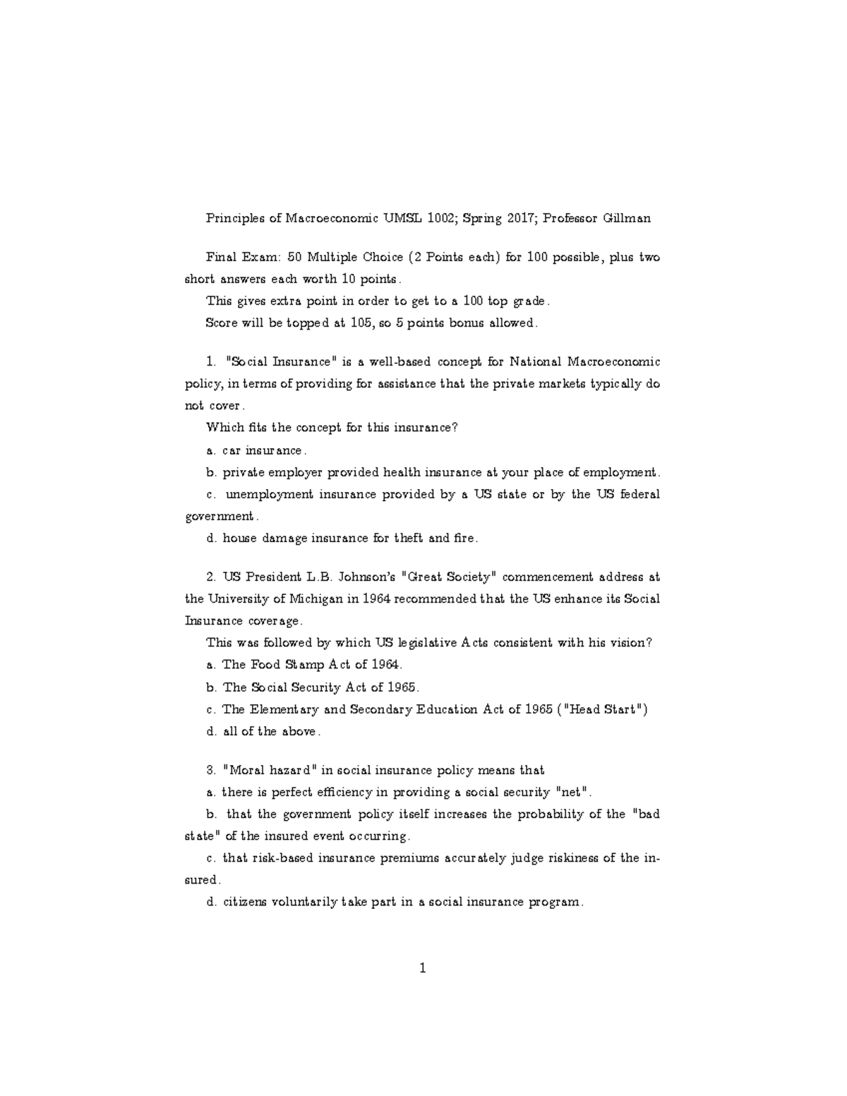 Final exam fall 2017 macroeconomics Principles of Macroeconomic