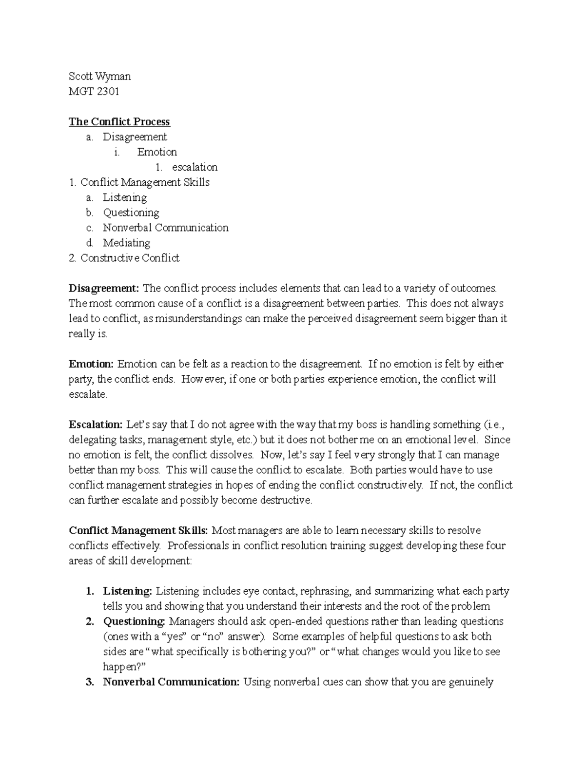 Chapter Concept Notes - Scott Wyman MGT 2301 The Conflict Process a ...