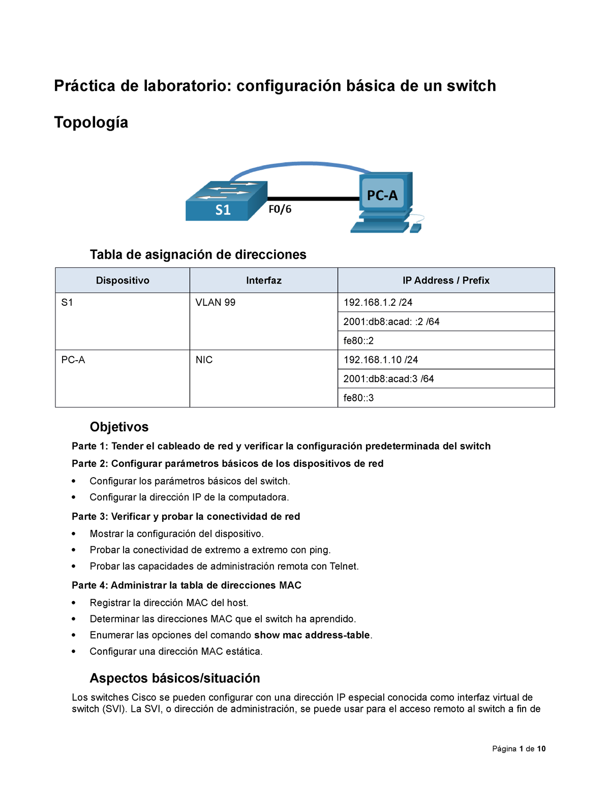 1.1.7 Lab - Basic Switch Configuration - Topología Tabla De Asignación ...