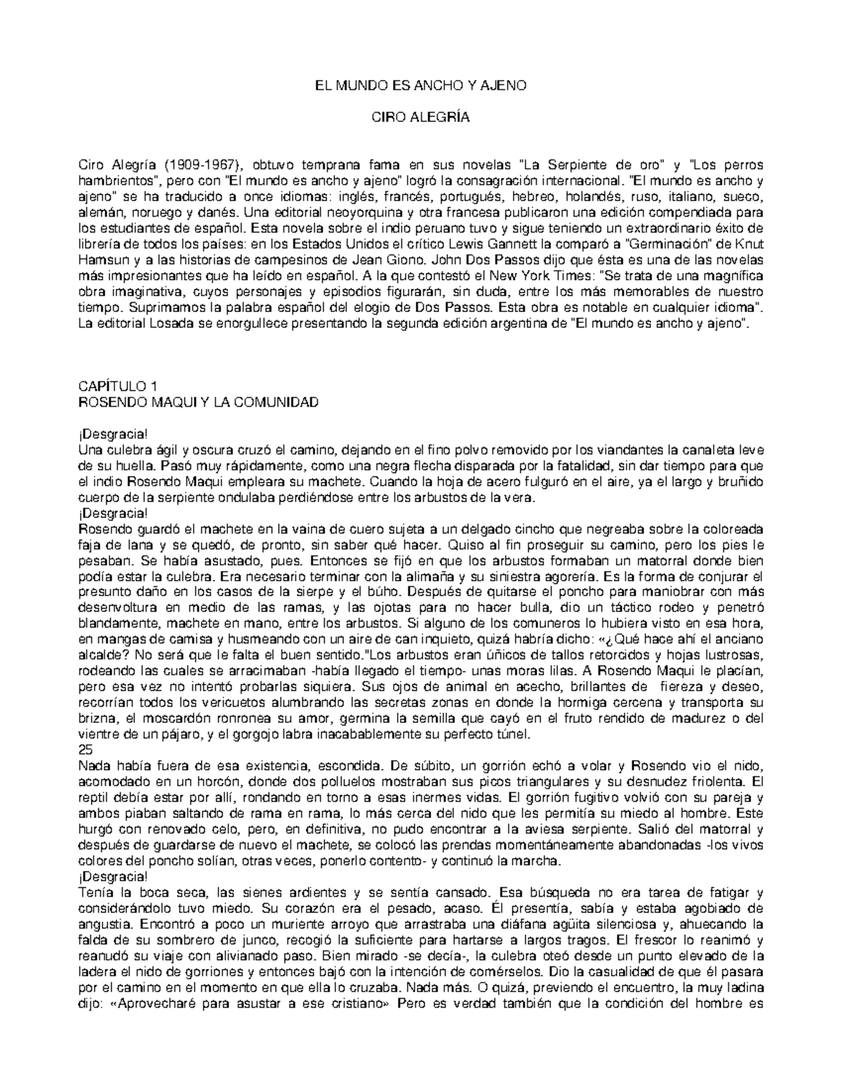 El Mundo Es Ancho Y Ajeno Ciro Alegria Introduccion A La Filosofia Studocu