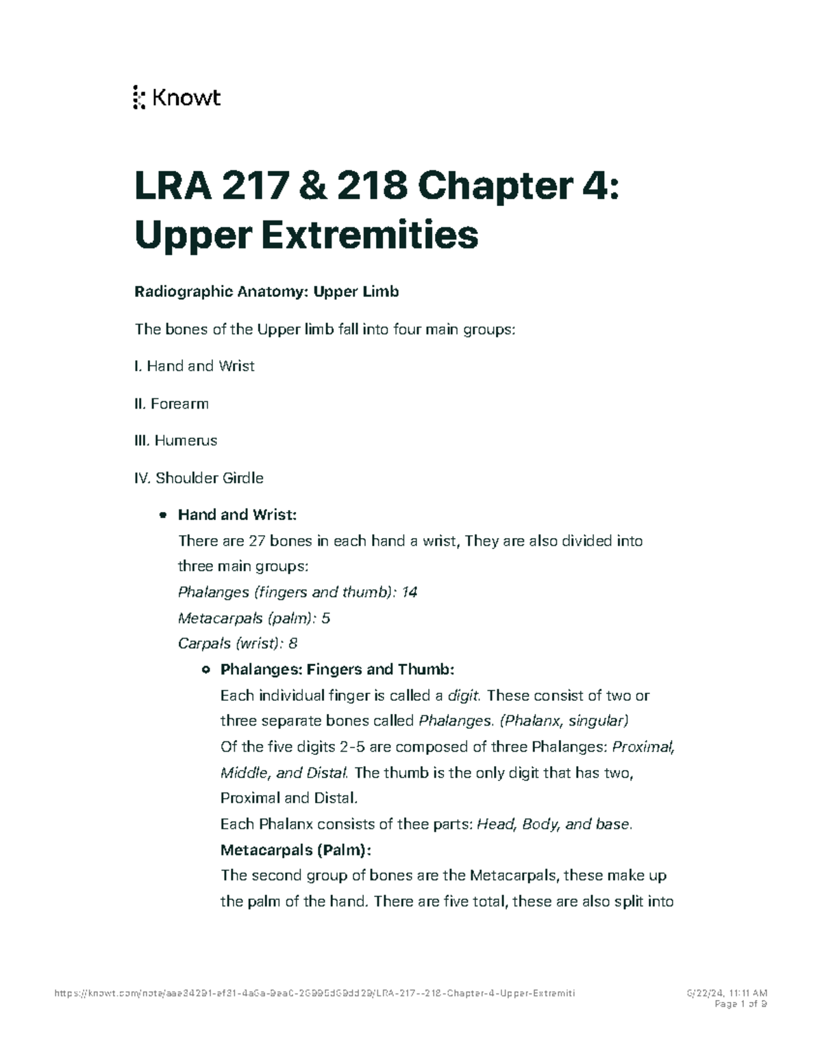 LRA 217 & 218 Chapter 4- Upper Extremities Notes - LRA 217 & 218 ...