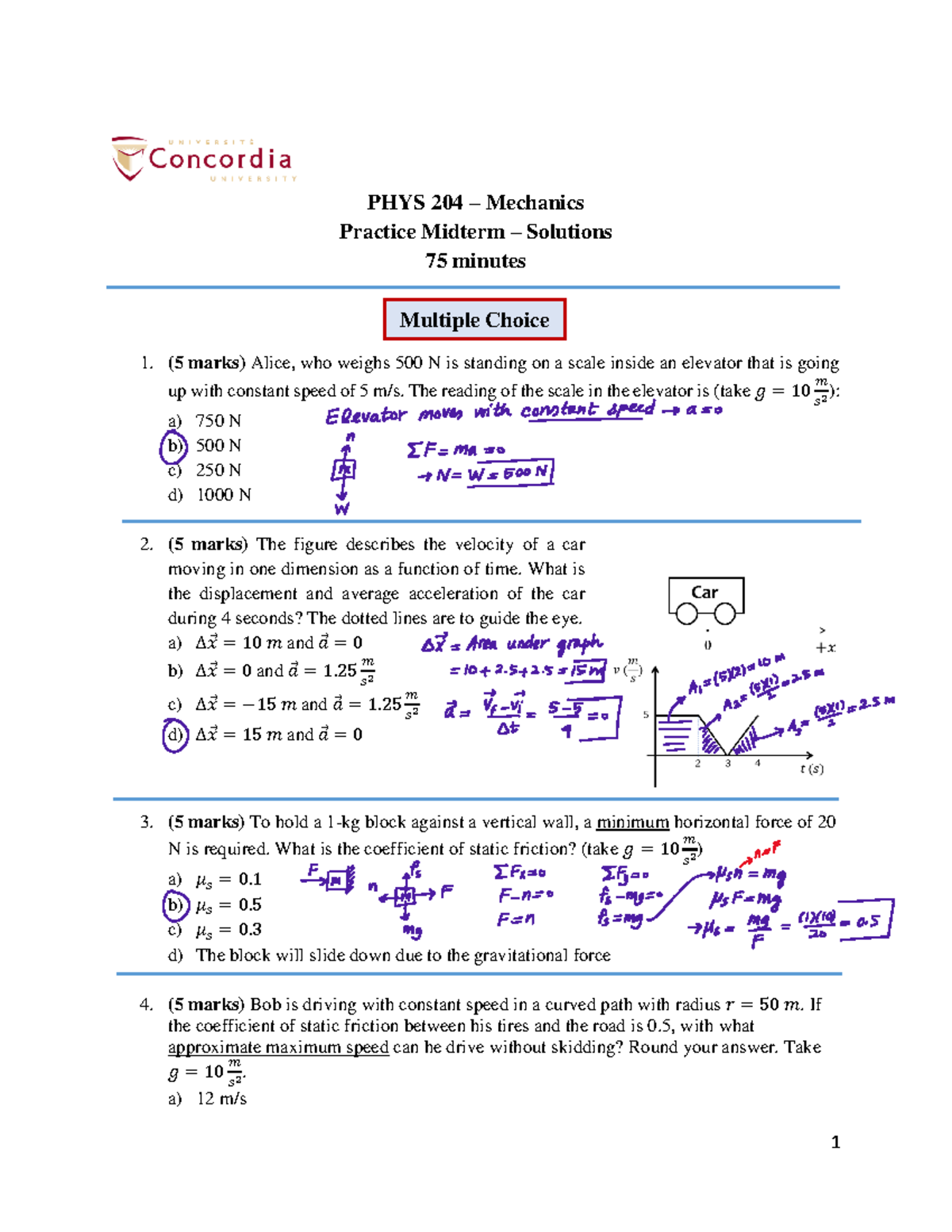 PHYS 204-Practice Midterm - Fall 2021-Solutions - PHYS 204 – Mechanics ...