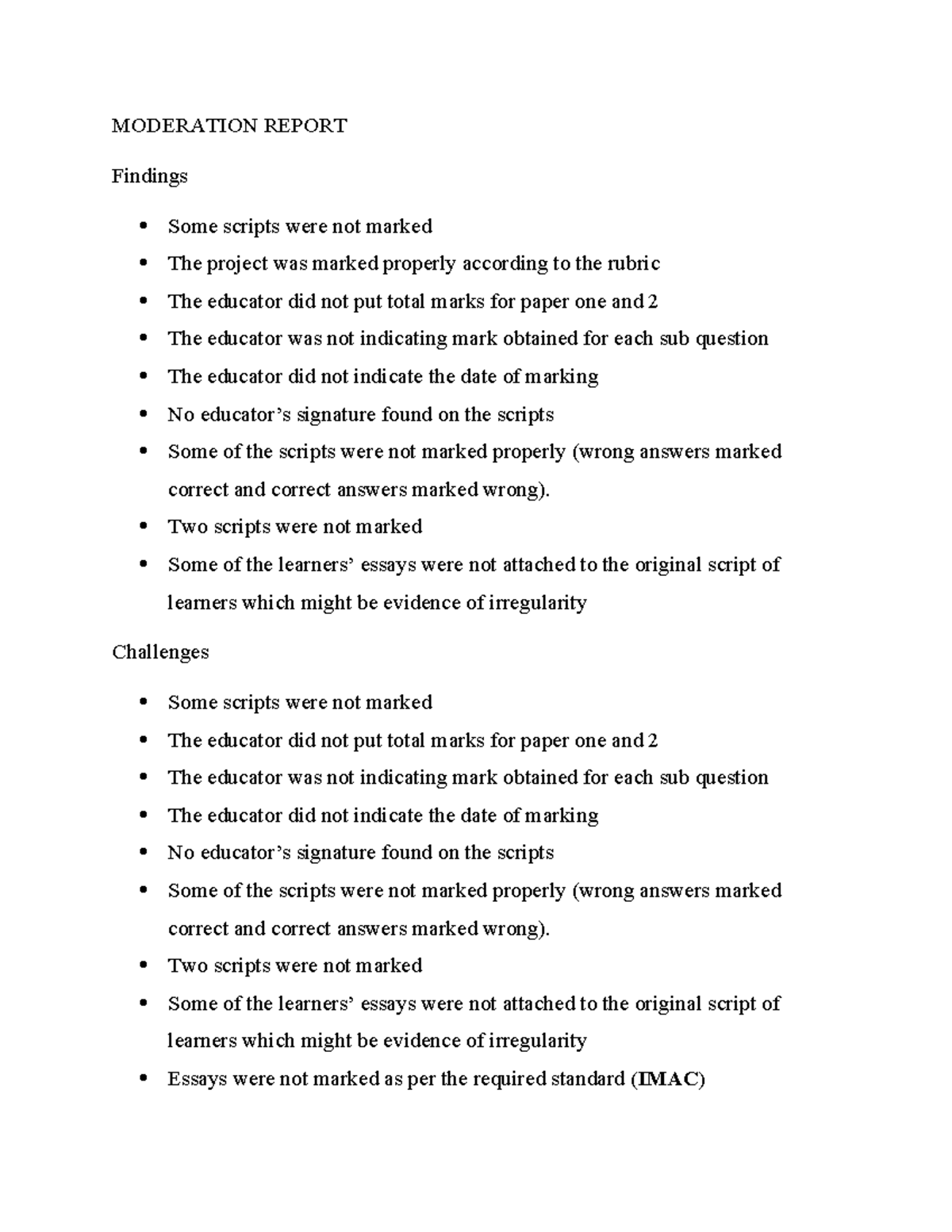 Moderation Report dwnqd - MODERATION REPORT Findings Some scripts were ...
