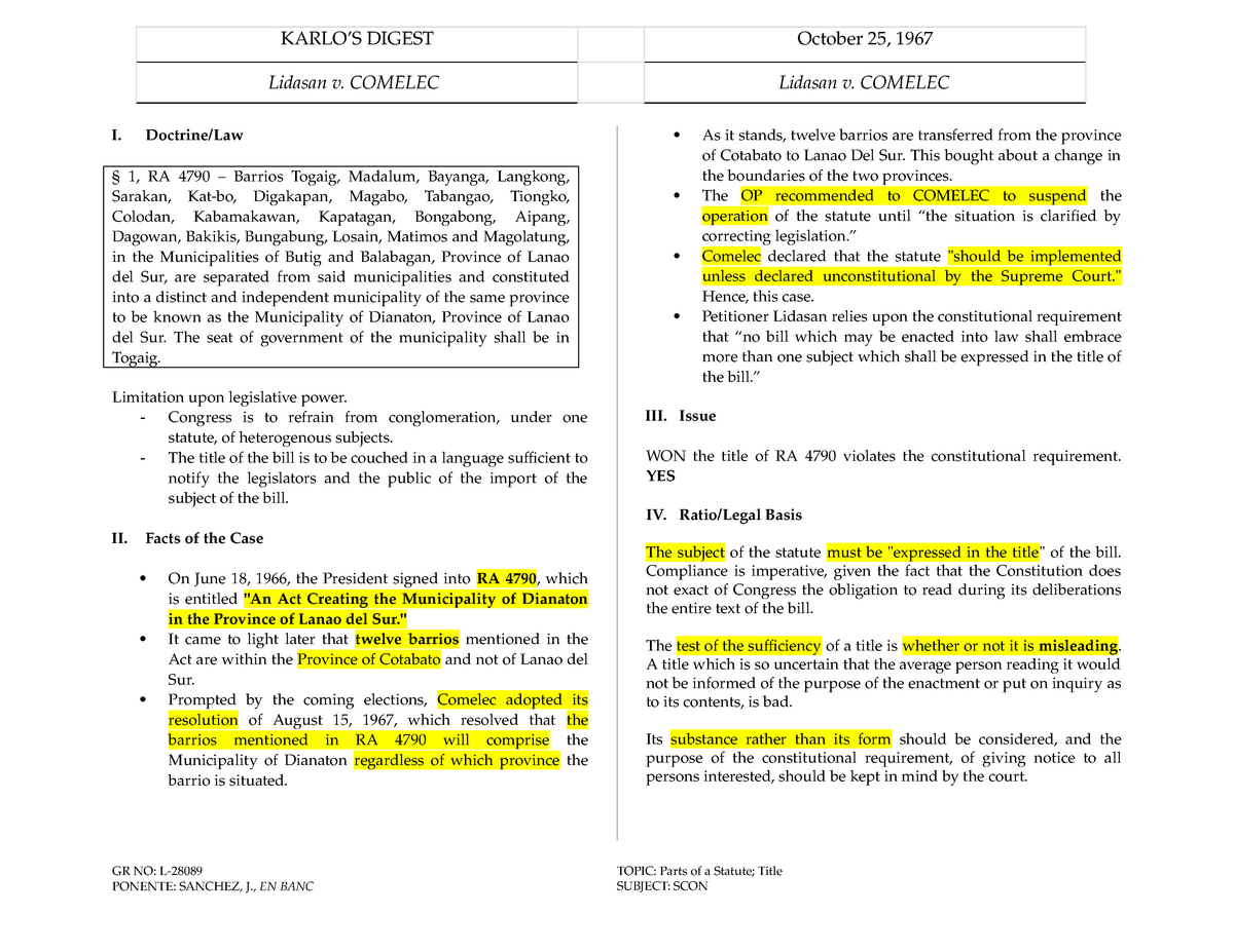 33 Lidasan V. Comelec - Case Digest - KARLO’S DIGEST October 25, 1967 ...