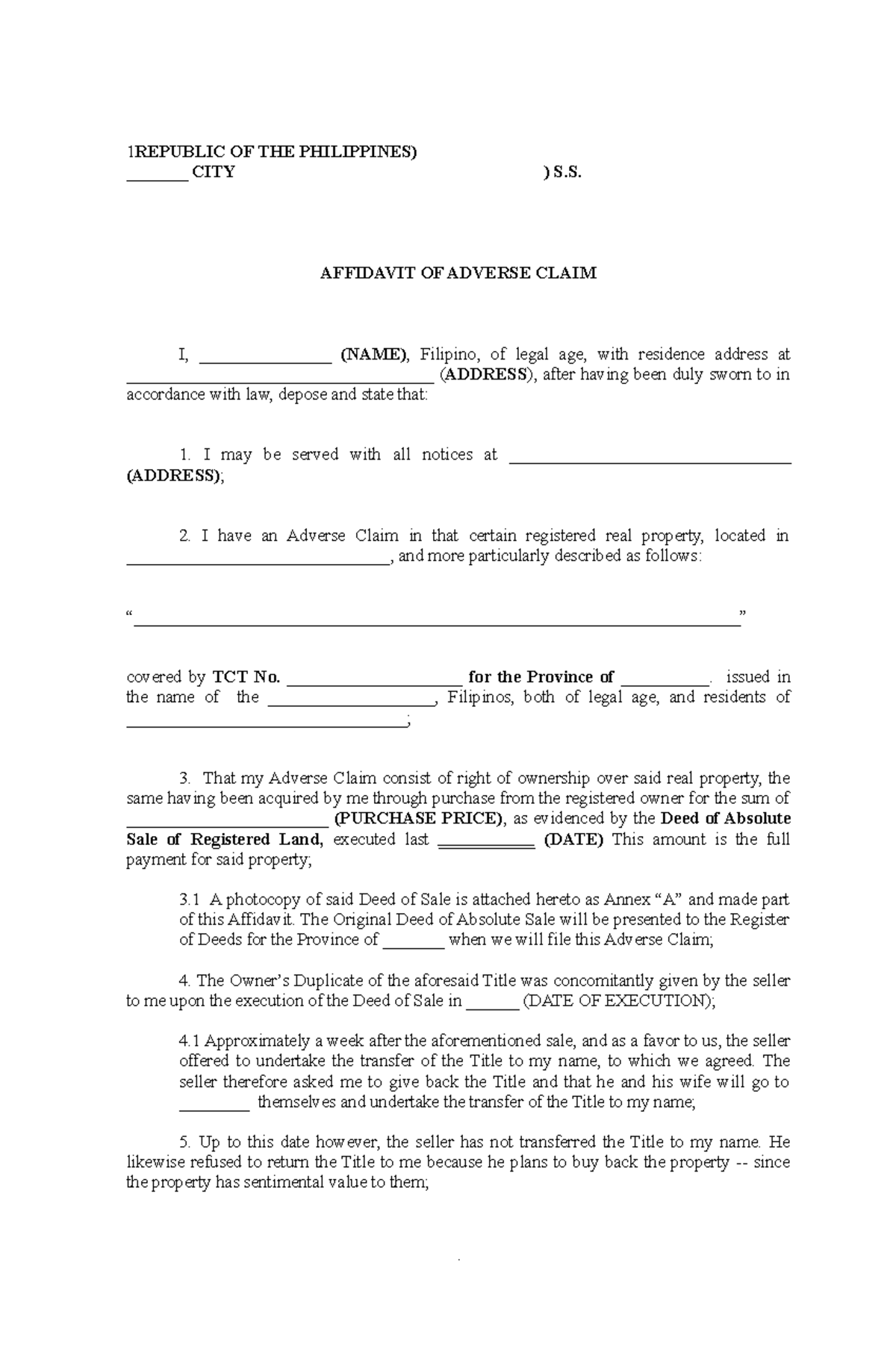 My Legal Whiz Affidavit Of Adverse Claim By Buyer Against Seller 1 Republic Of The 4861