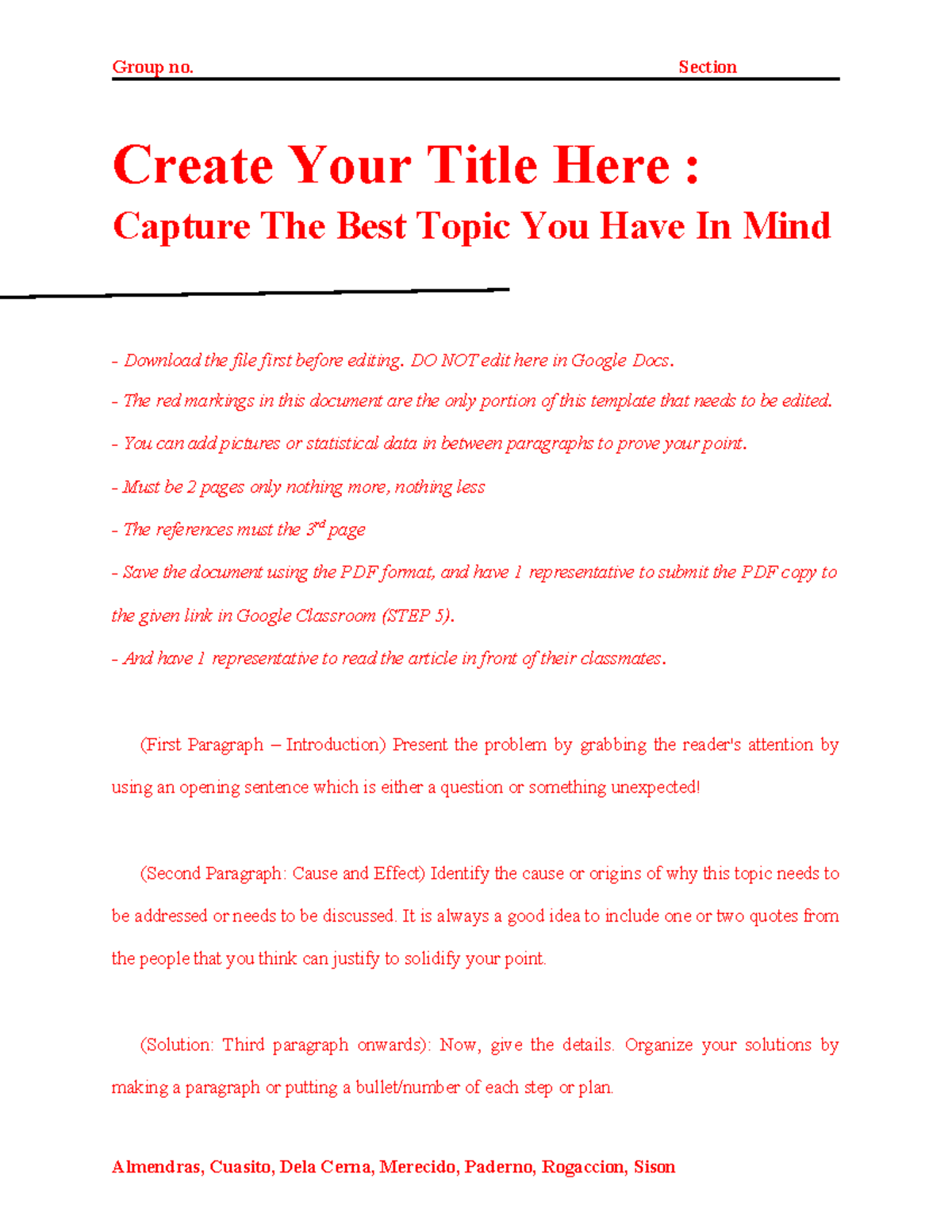 Article Writing Template - Group no. Section Create Your Title Here ...