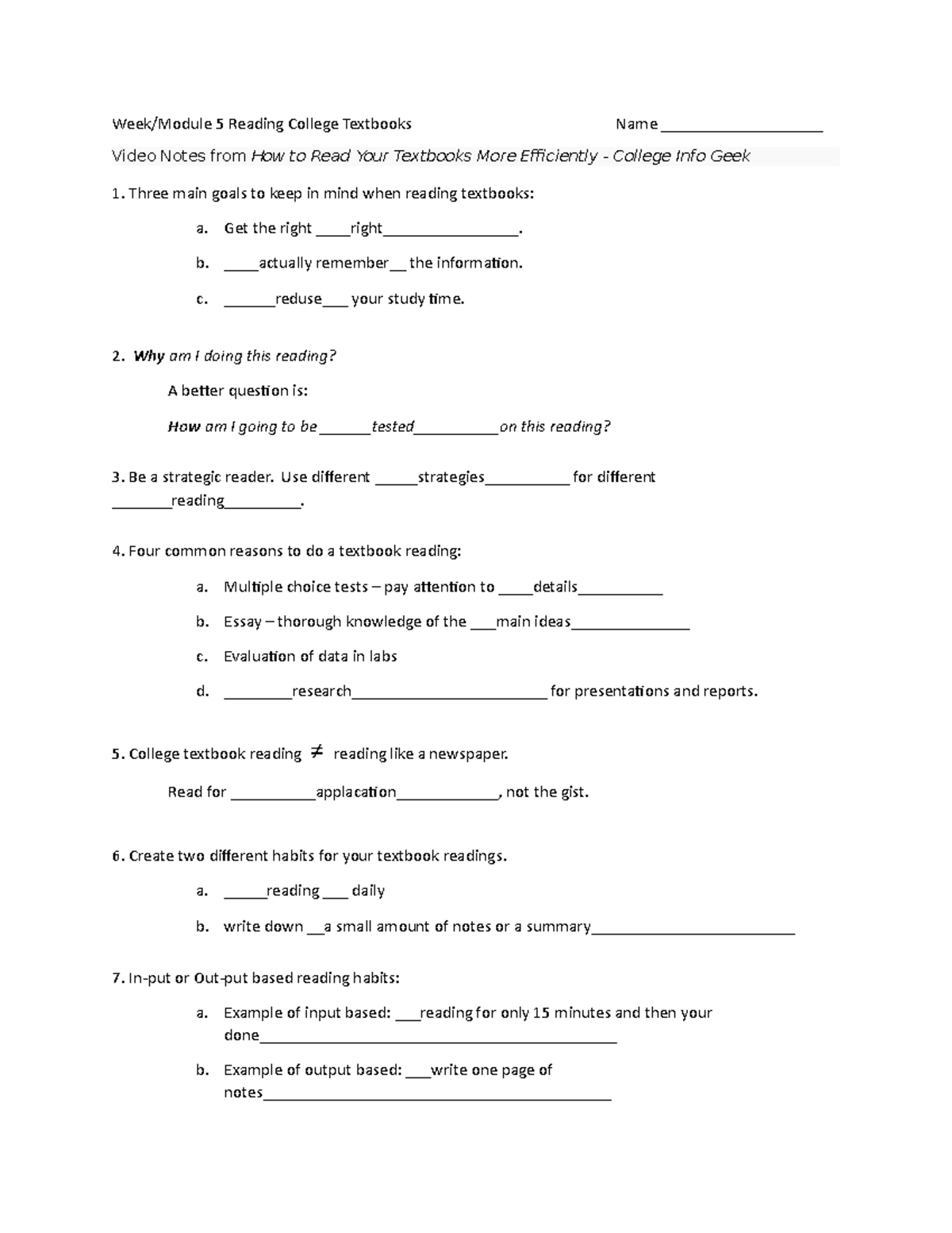 Reading College Textbooks Video notes - Week/Module 5 Reading College ...