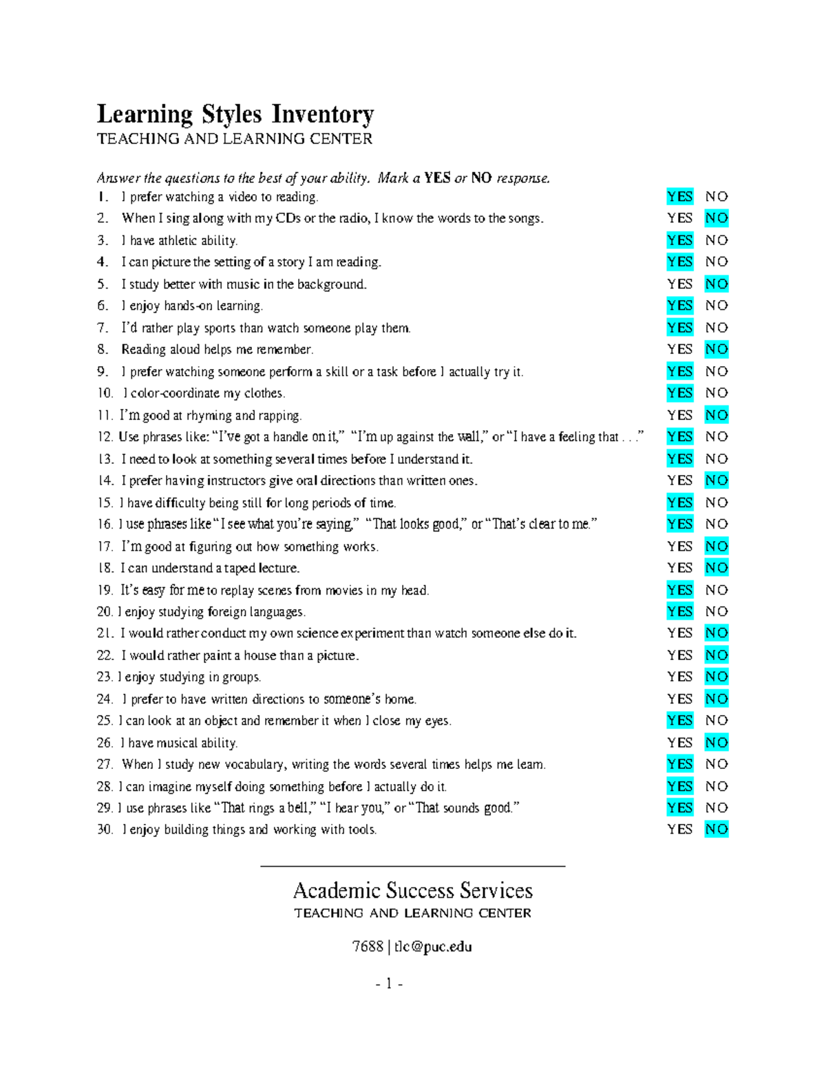 Learning Style Inventory ASS2 - Academic Success Services TEACHING AND ...