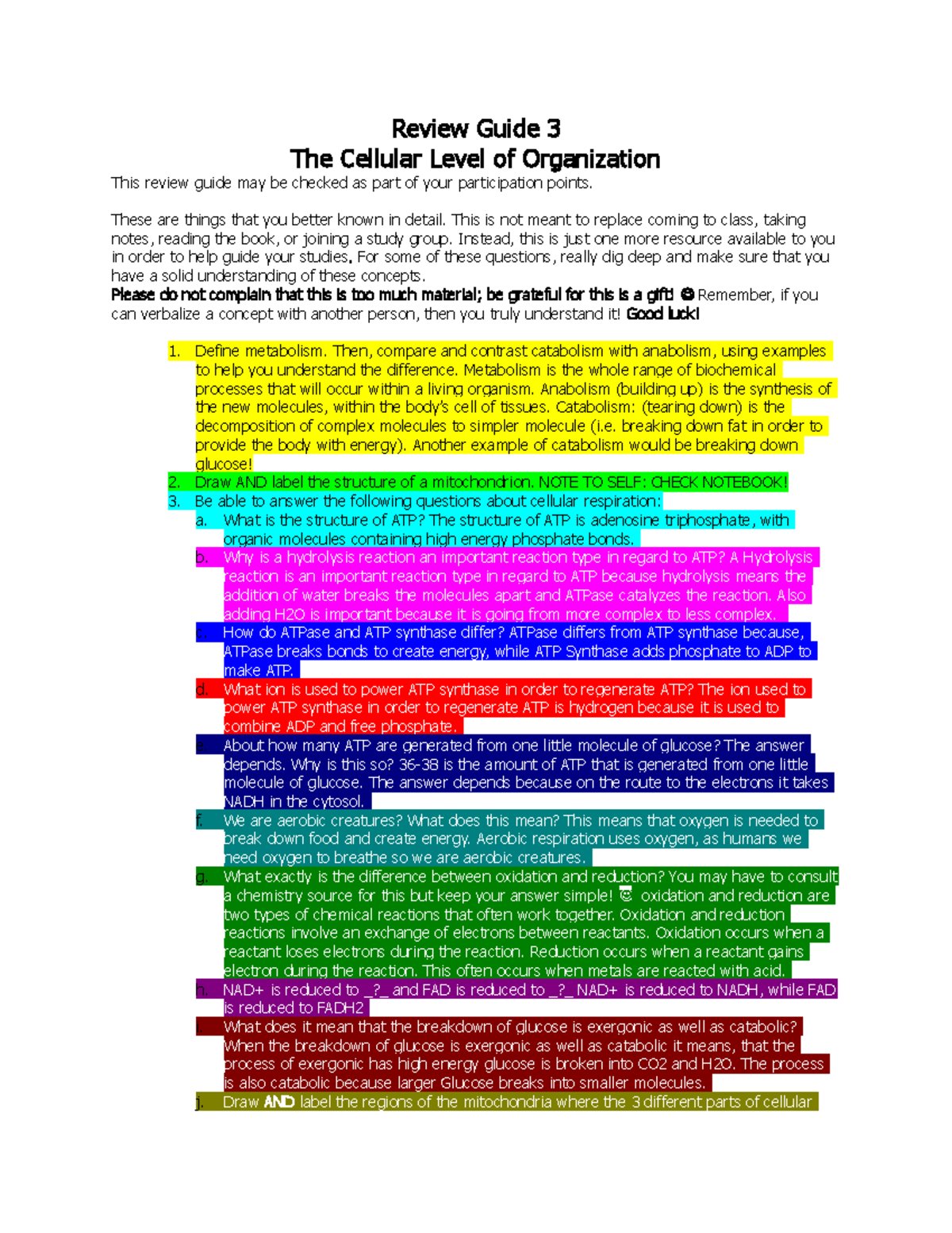 Review Guide 3 The Cellular Level Of Organization Review G Uide 3 The 