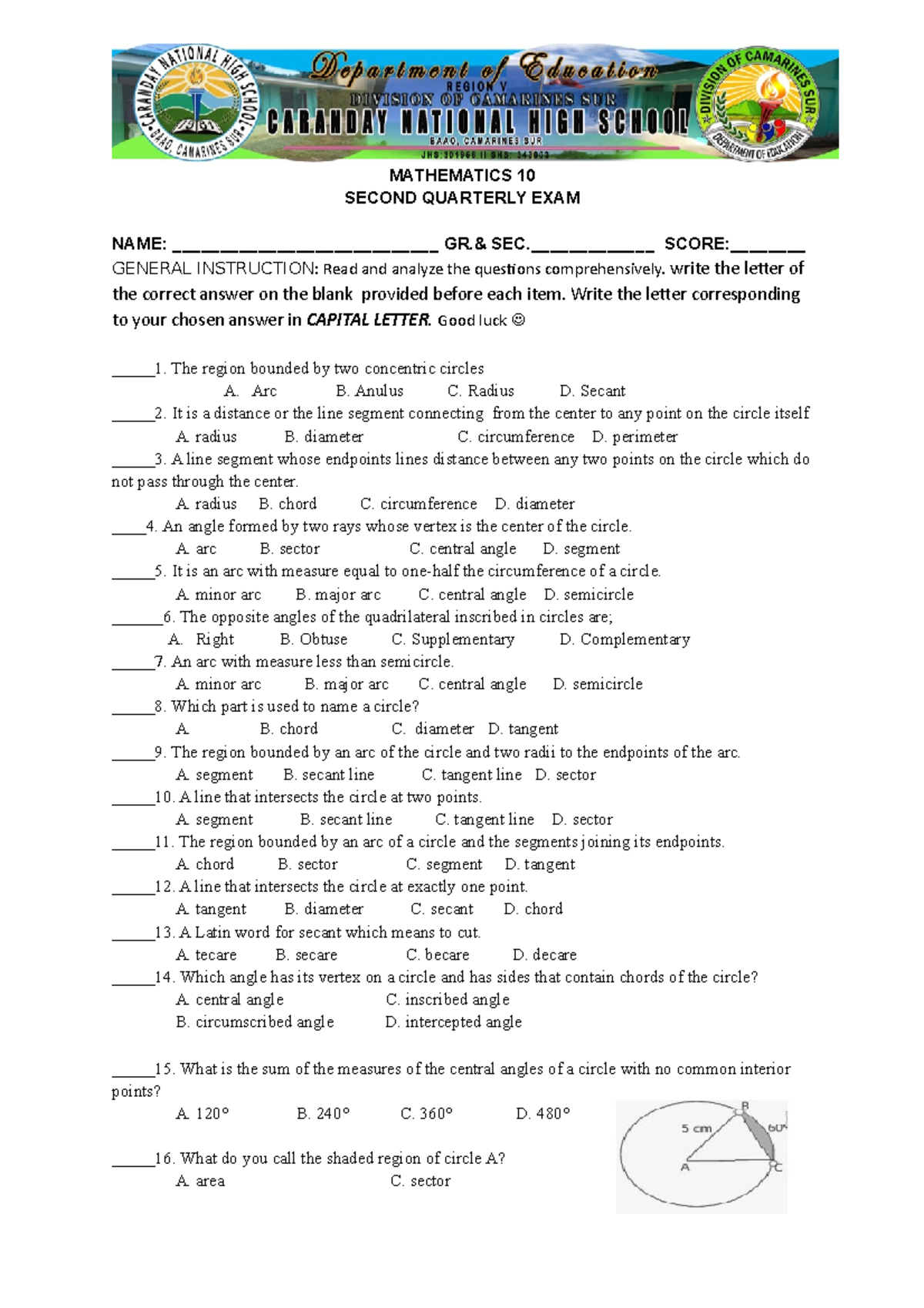 PT G10 Mathematics - lovely - MATHEMATICS 10 SECOND QUARTERLY EXAM NAME ...