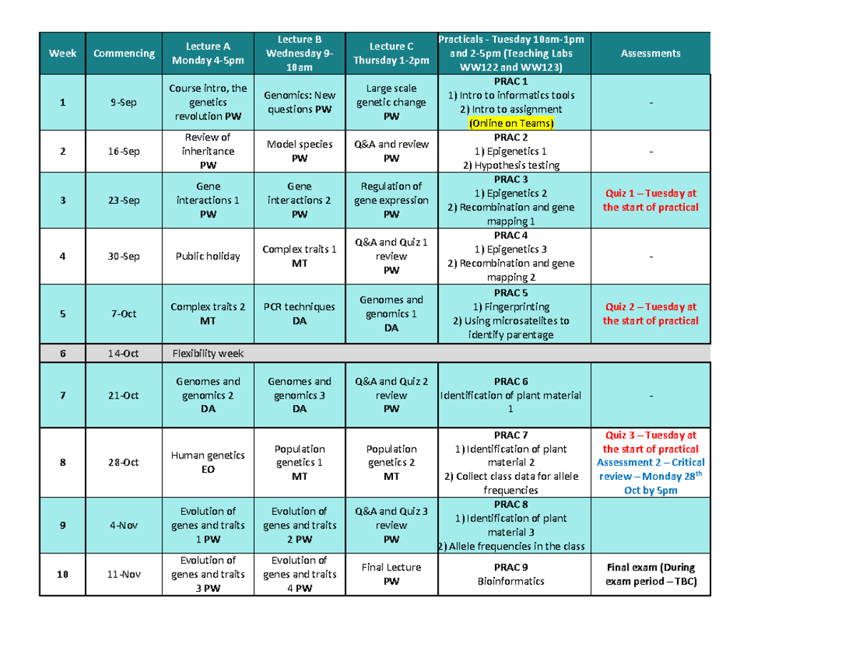 BABS2204 Schedule T3 2024 - Week Commencing Lecture A Monday 4 - 5 pm ...