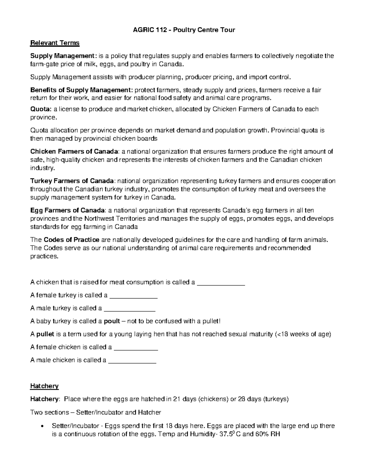 Poultry Tour Student Notes 2023 AGRC 112 AGRIC 112 Poultry Centre
