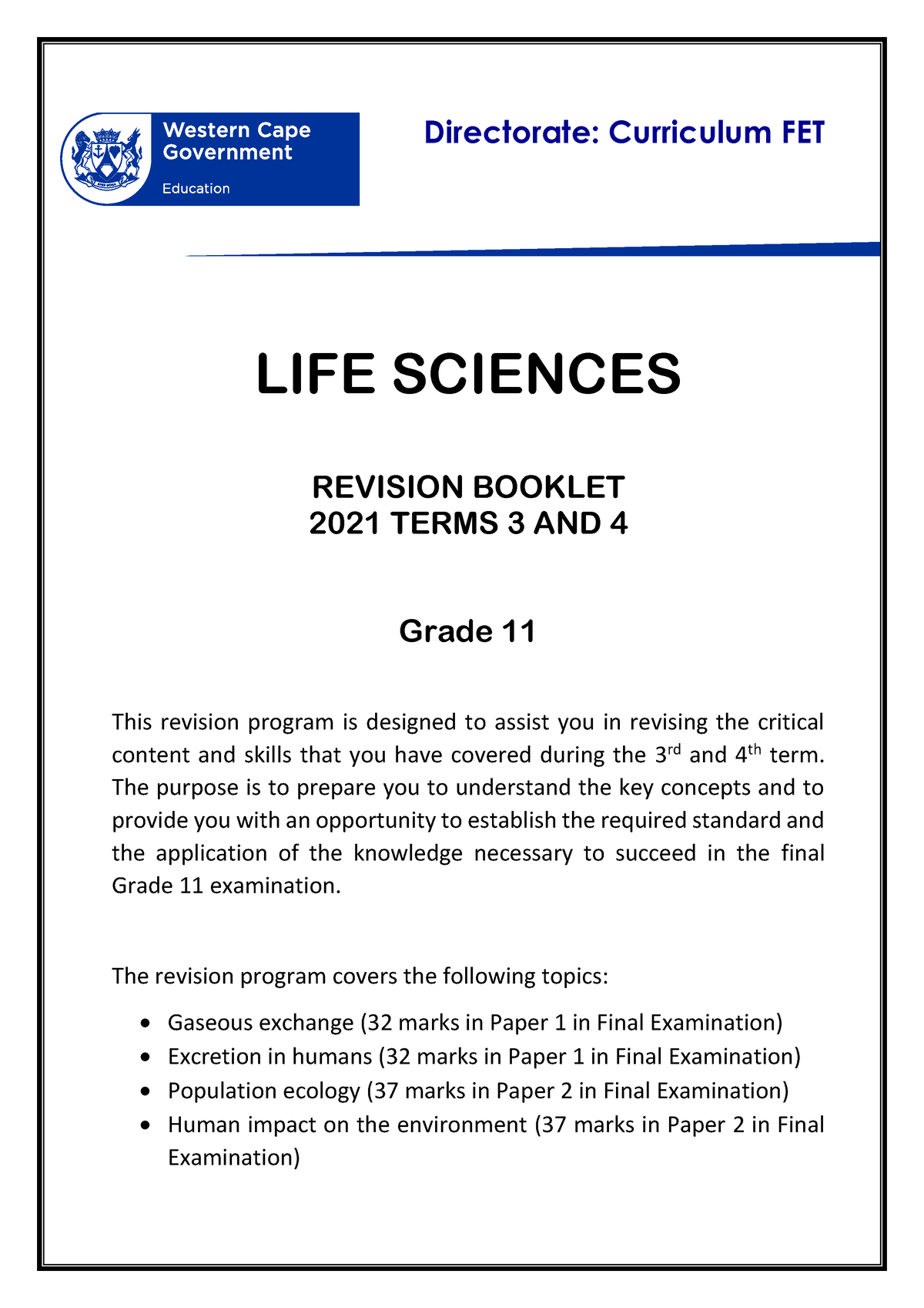 Life Sciences Grade 11 Revision Terms 3 and 4 2021 Directorate