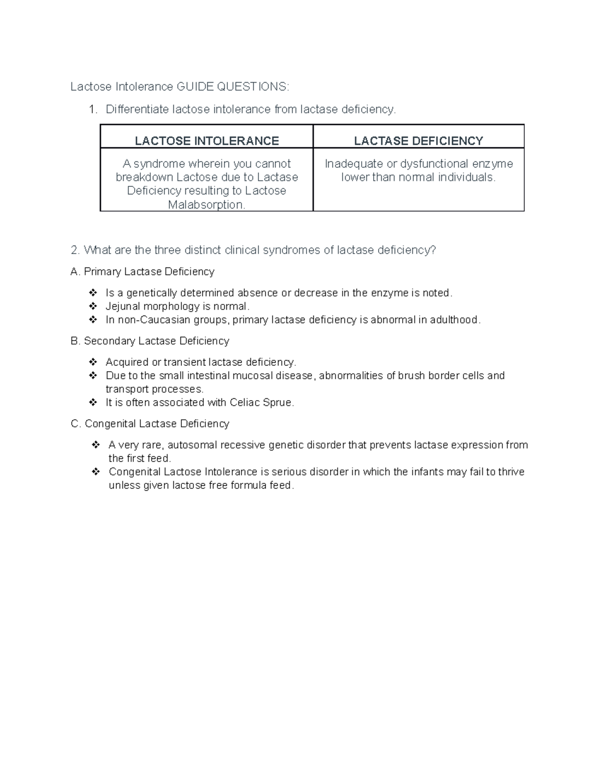 Lactose Intolerance Guide Questions Lactose Intolerance GUIDE QUESTIONS 1. Differentiate