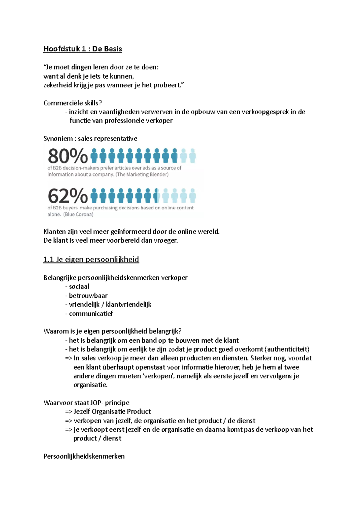 Samenvatting Verkooptraining Hoofdstuk De Basis Je