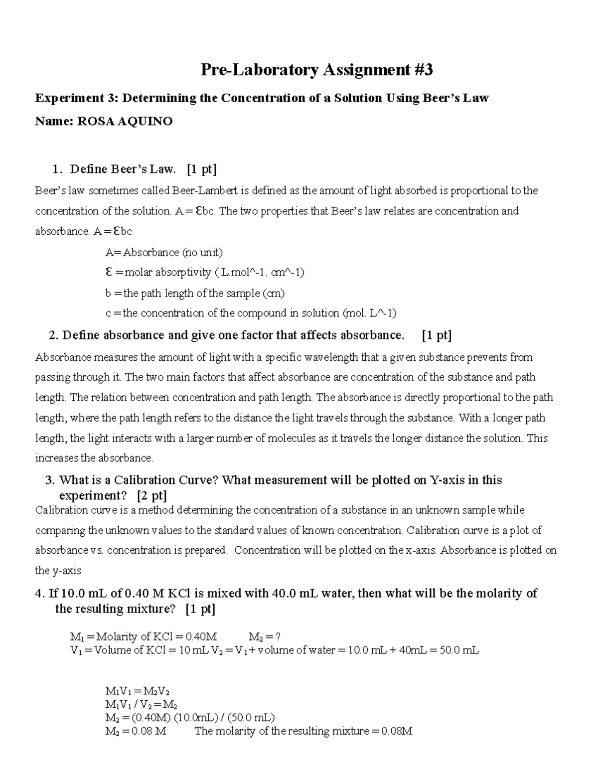 PreLab 3 Determining the concentration of a solution using beers law
