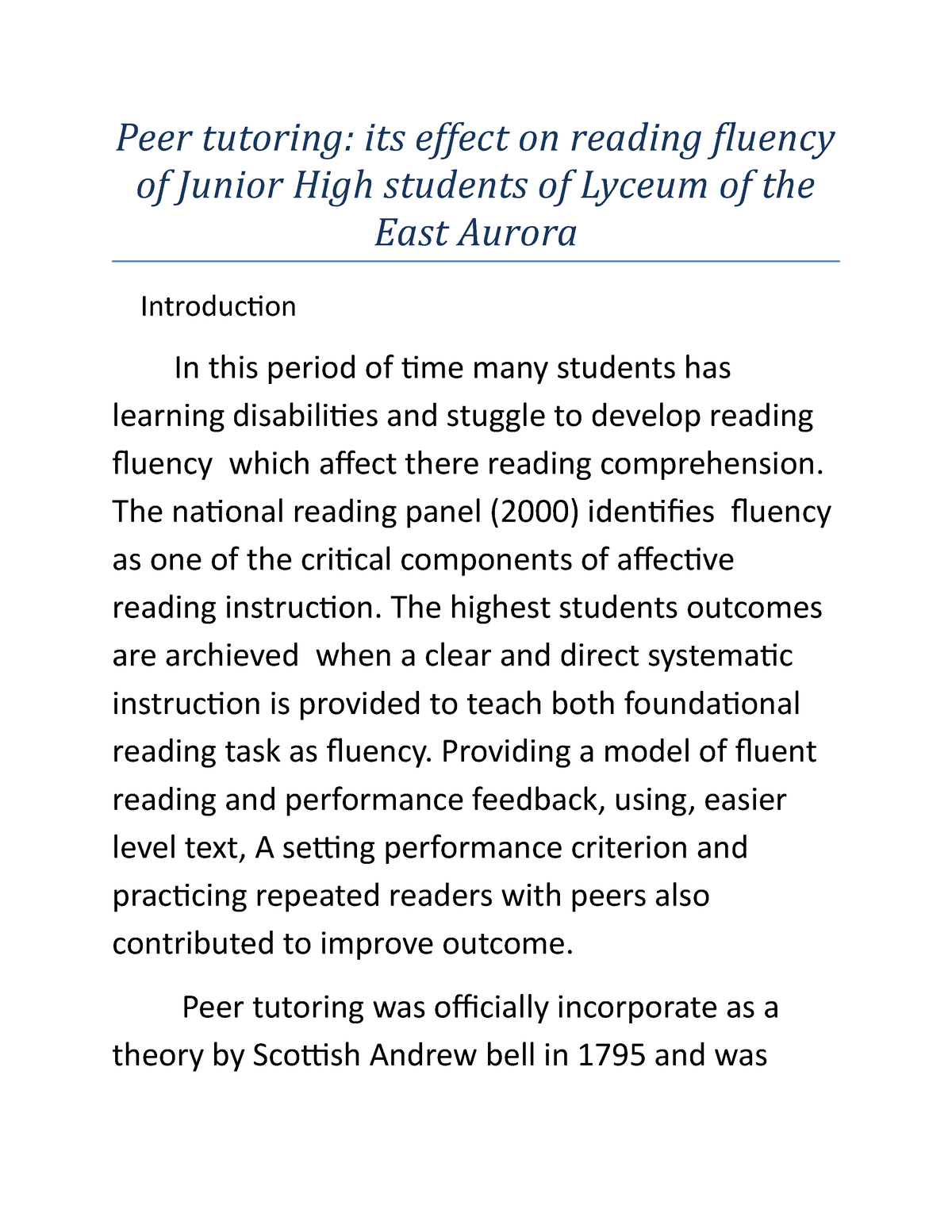 essay about peer tutoring