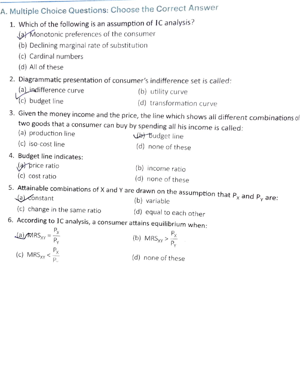 Objective questions of indifference curve - Bachelor of Commerce - Studocu