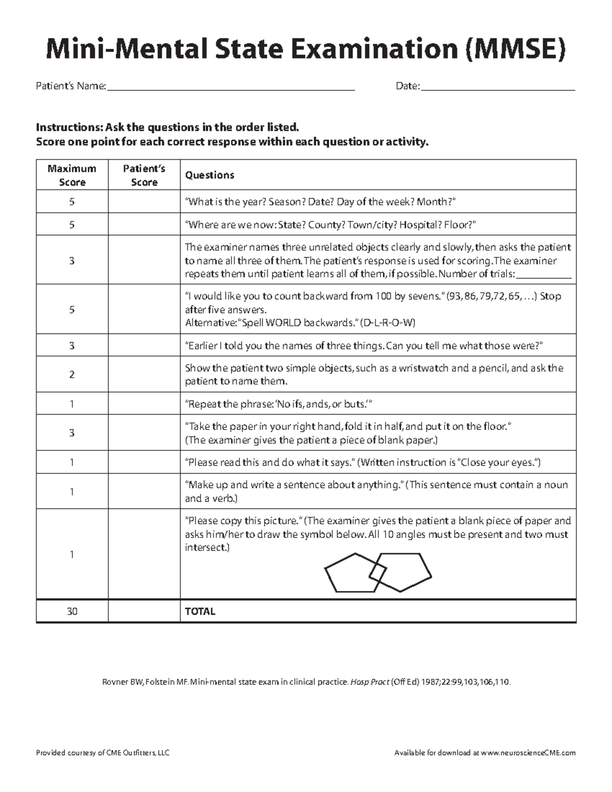 Mini-mental-state-examinationmmse - Provided courtesy of CME Outfitters ...