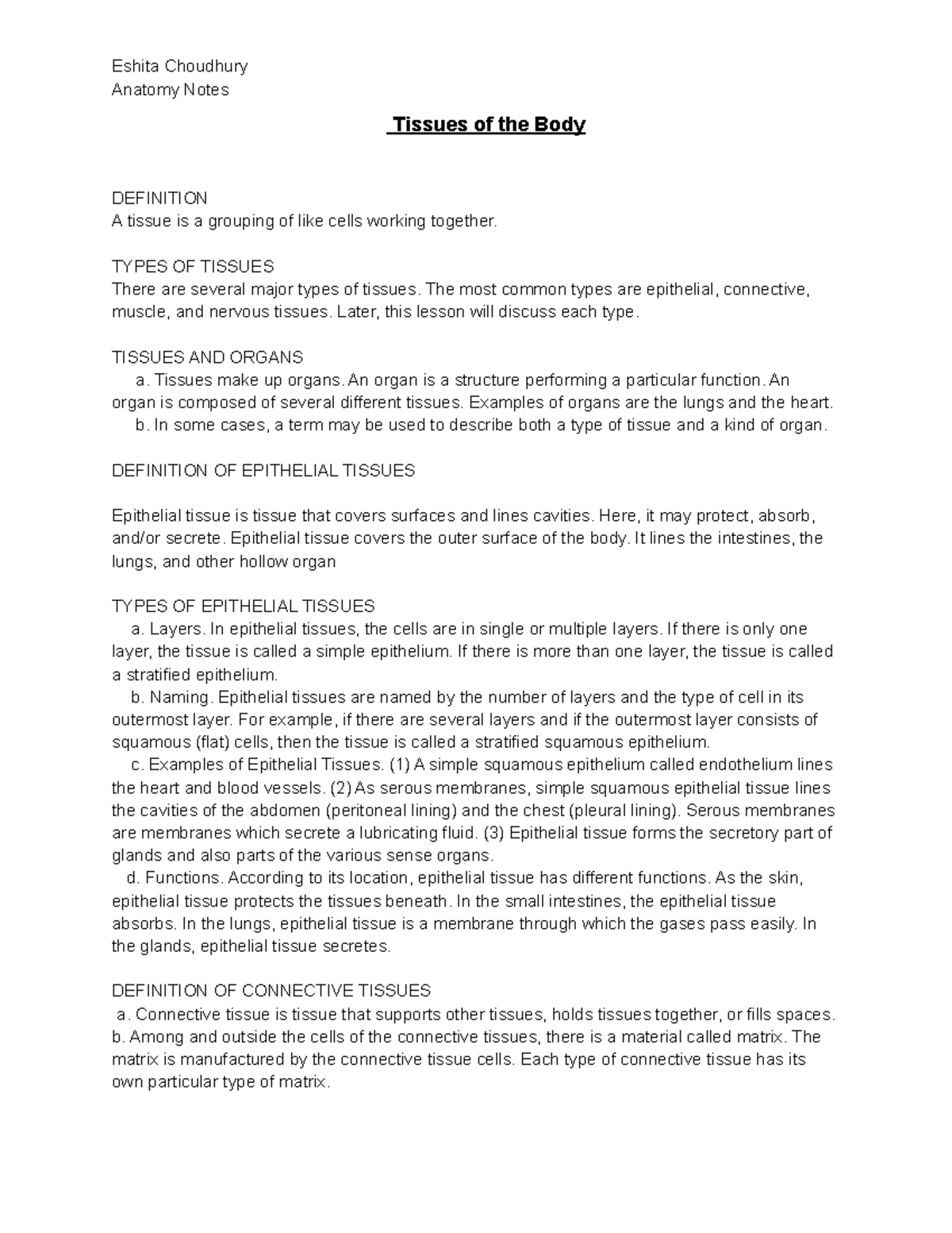 Tissues of the Body Notes Eshita Choudhury Anatomy Notes Tissues of