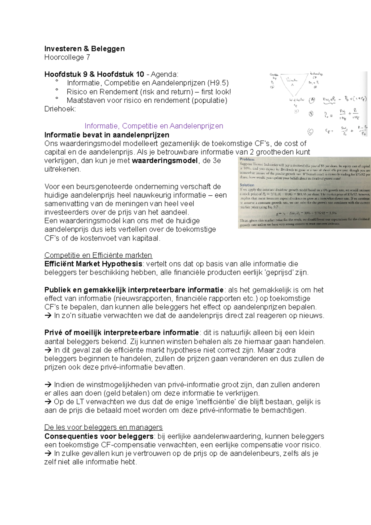 I&B Hoorcollege 7 - Investeren & Beleggen Hoorcollege 7 Hoofdstuk 9 ...