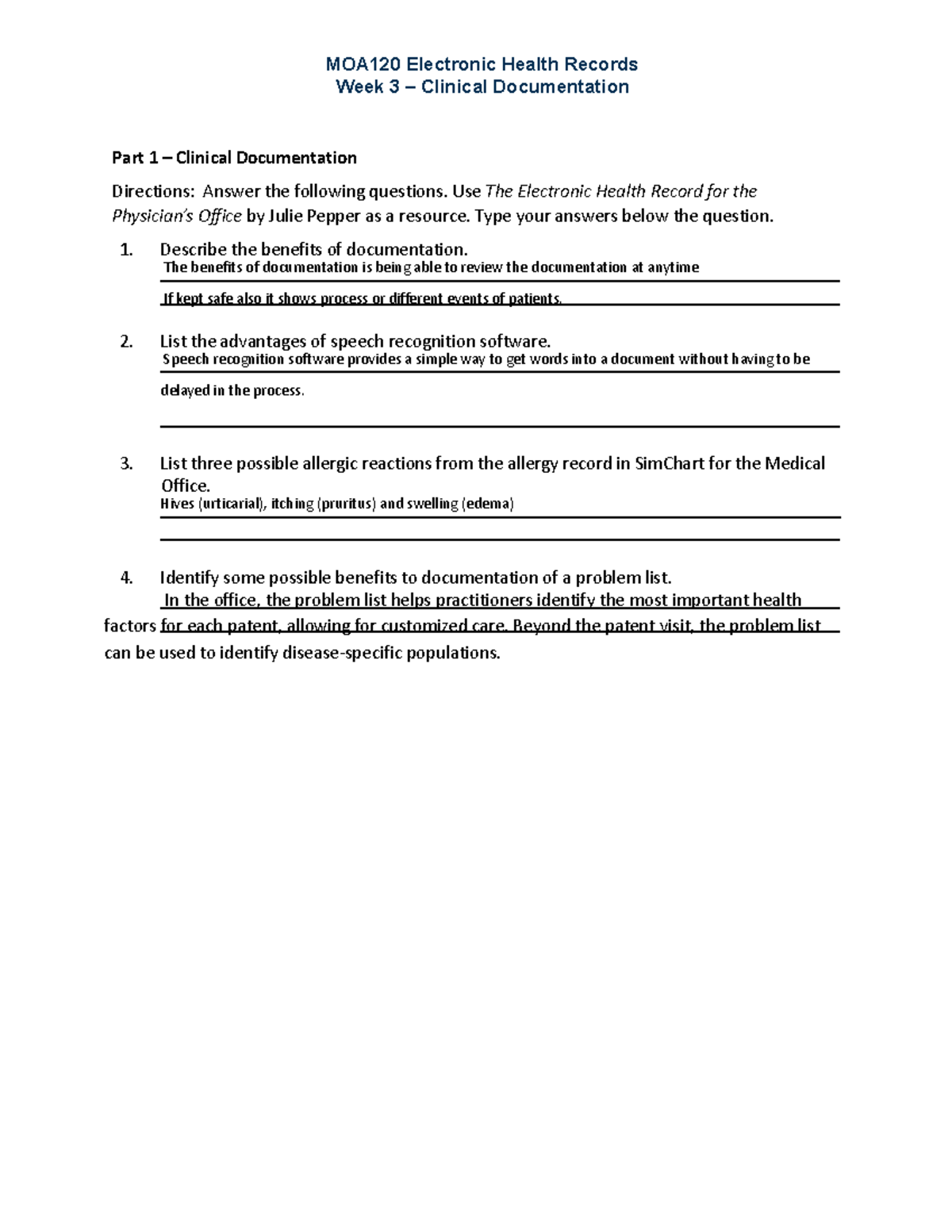 Wk3Assignment - MOA120 Electronic Health Records Week 3 – Clinical ...