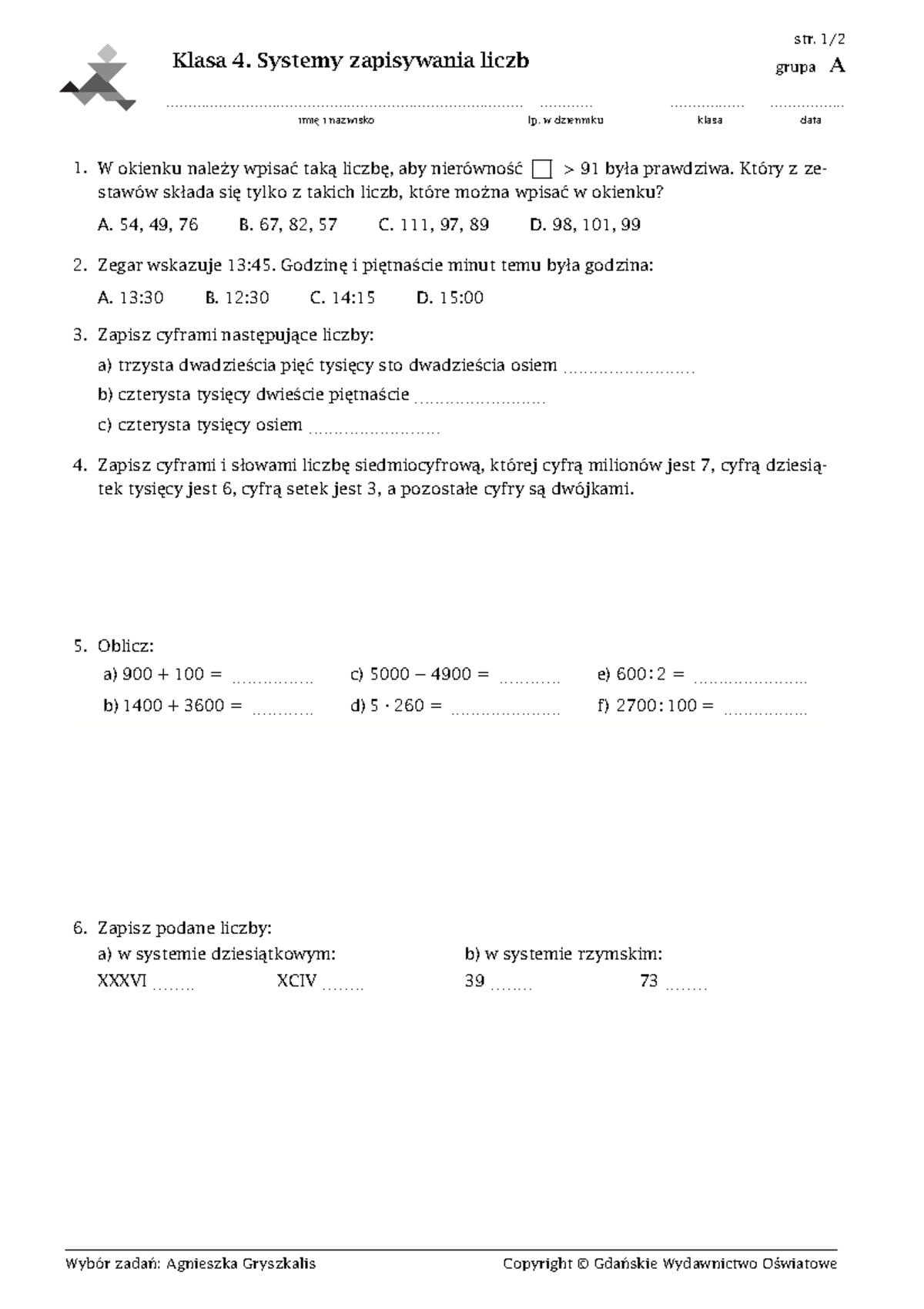Sprawdzian Kl 4 System Zapisywania Liczb www.studocu.com